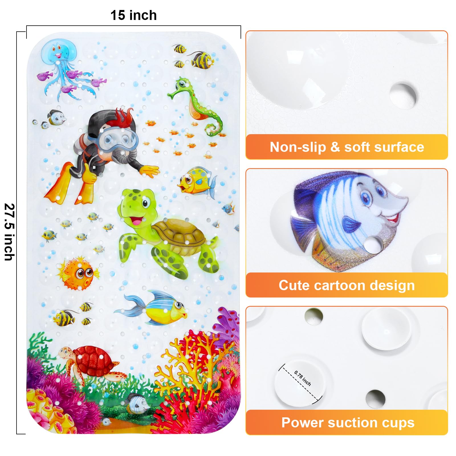 Baby Bath Mat For Tub For Kids, 27.5In X 15In Non Slip Cartoon Bath Tub Shower Mat Anti Slip With Drain Holes And Suction Cups M