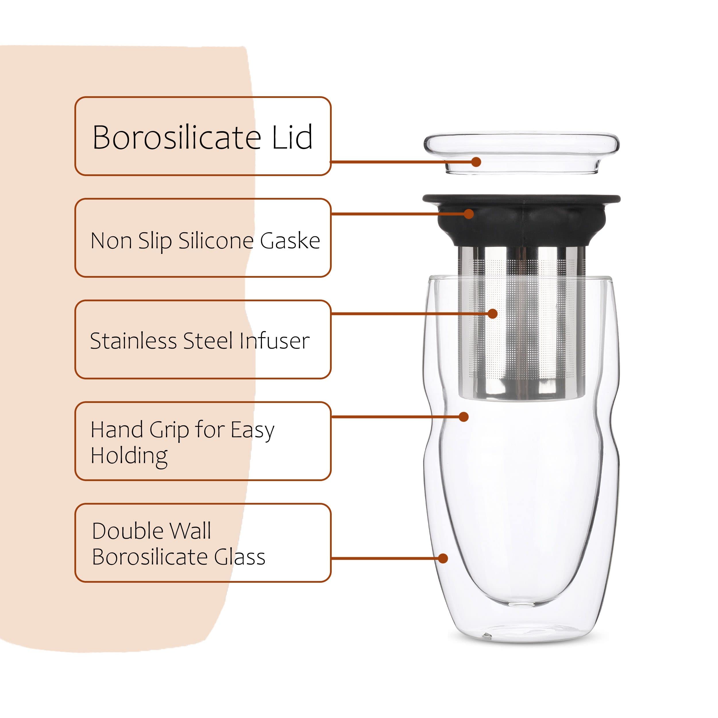 Btat- Double Wall Glass Tea Cup With Stainless Steel Infuser & Lid, 16Oz, 500Ml, Tea Cup With Lid, Tea Infuser Cup, Tea Cup With