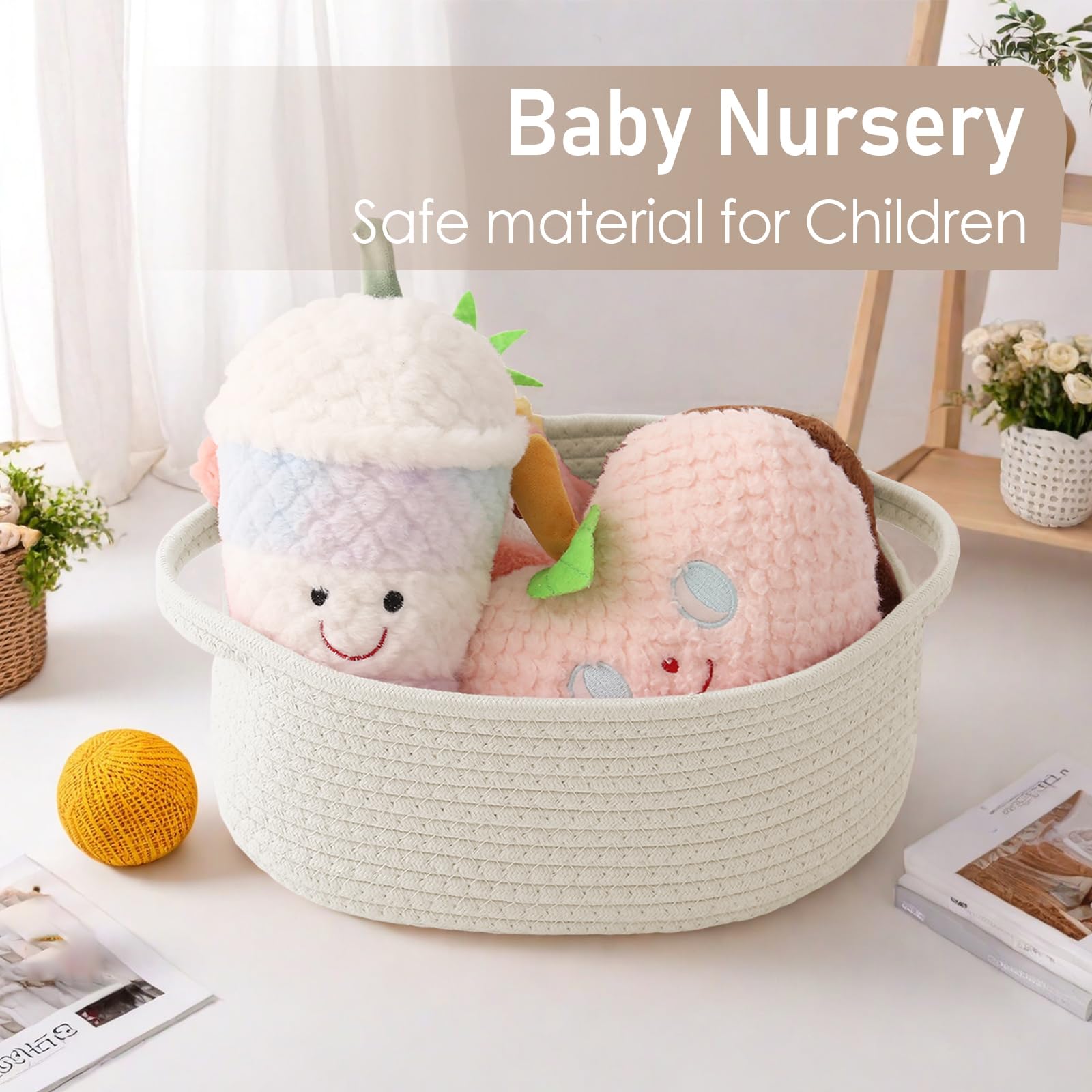 JMvicyroam Woven Basket,Small Rope Storage Bin with Handles & Ribbon Bag, Organizer for Shelves Closets,Gift Basket Empty for Bi