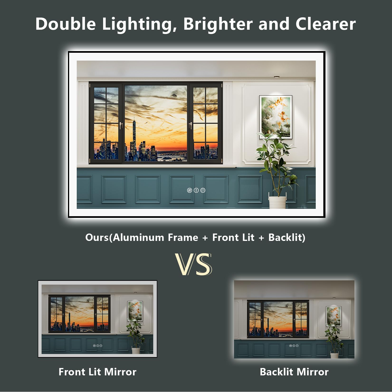 Awandee 55X36 Led Bathroom Mirror With Lights, Black Framed Front And Backlit Led Mirror For Bathroom, Anti-Fog Lighted Mirror,