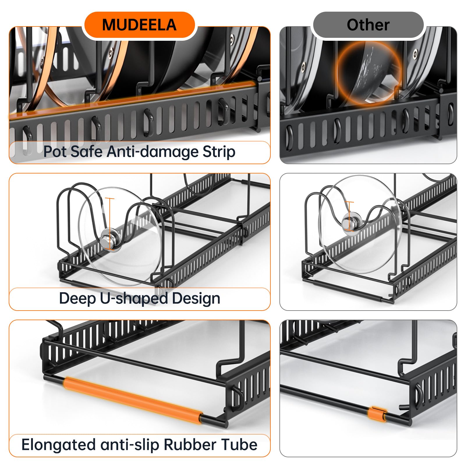 Mudeela Pots And Pans Organizer : Rack For Under Cabinet, Expandable Pot Lid Kitchen Cabinet Organizer Holder With 10 Adjustable