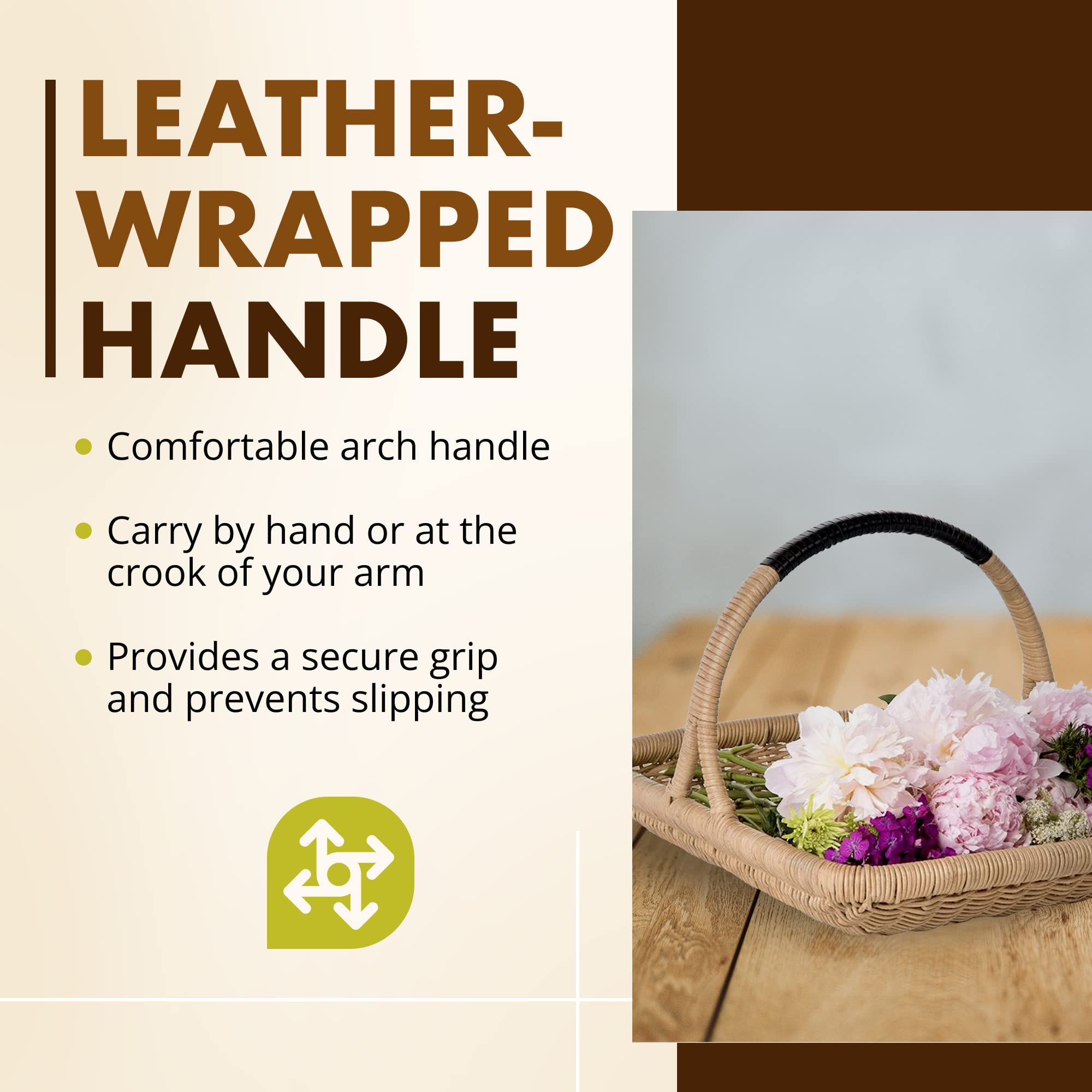 Kouboo Vegetable & Flower Wicker Basket, Handwoven Rattan Basket With Leather-Wrapped Arch Handle, Organization & Home Decor For