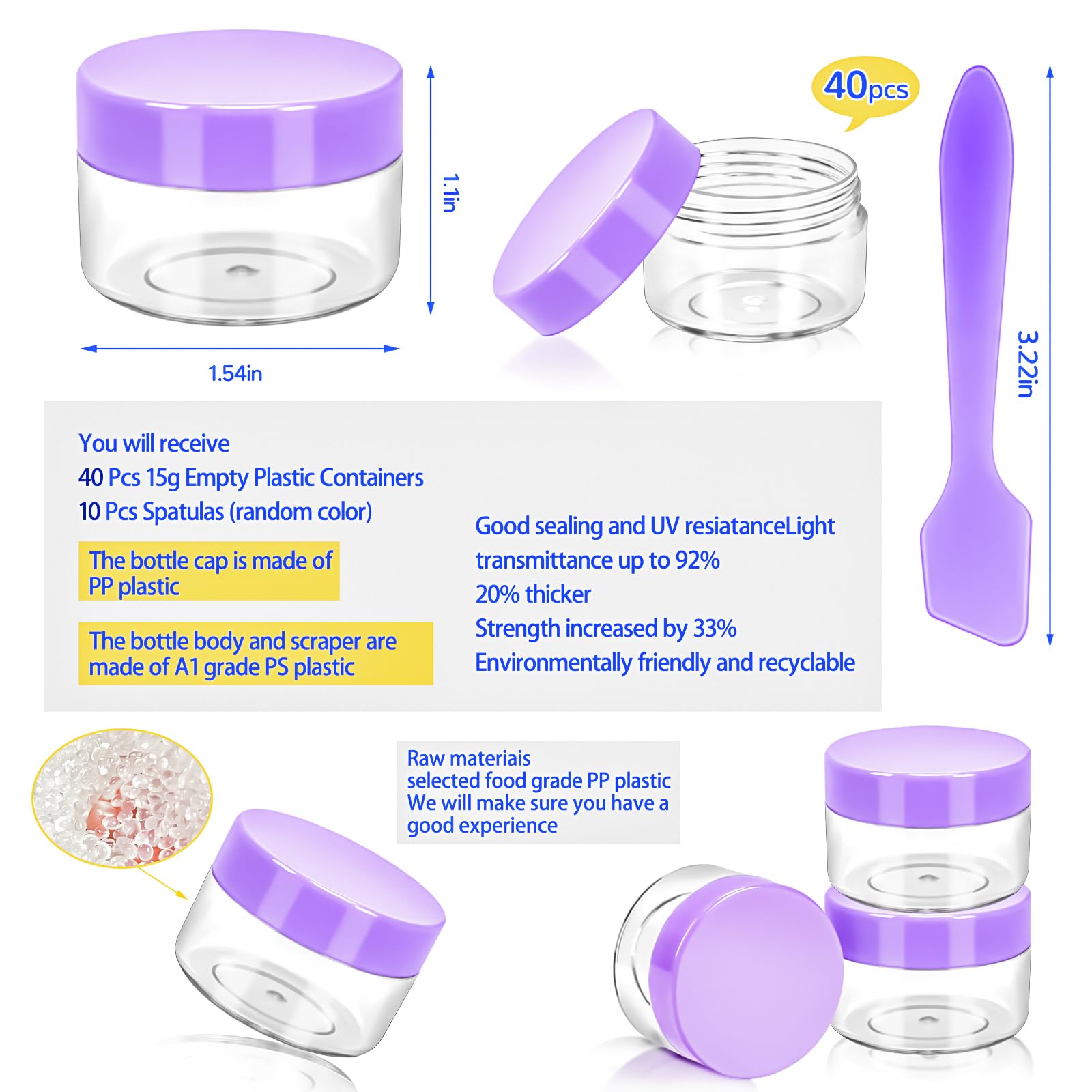 Motbach 40 Pcs 15G Empty Plastic Containers With Colored Lids,Small Makeup Sample Containers,0.5Oz Small Sample Pot Jars Round T