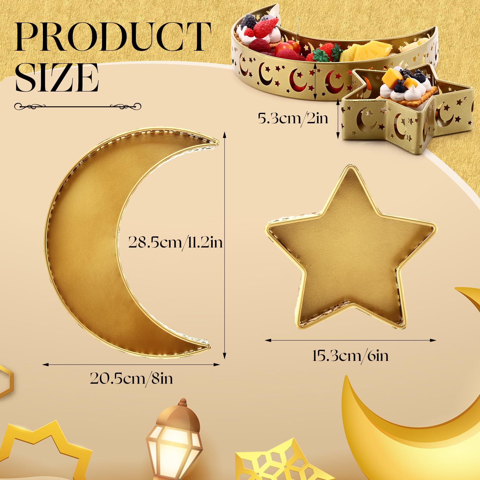 Glikceil 6 Pcs Eid Mubarak Moon And Star Pastry Tray Moon Shape Food Dessert Tray Ramadan Metal Platter For Breakfast Dinner Des
