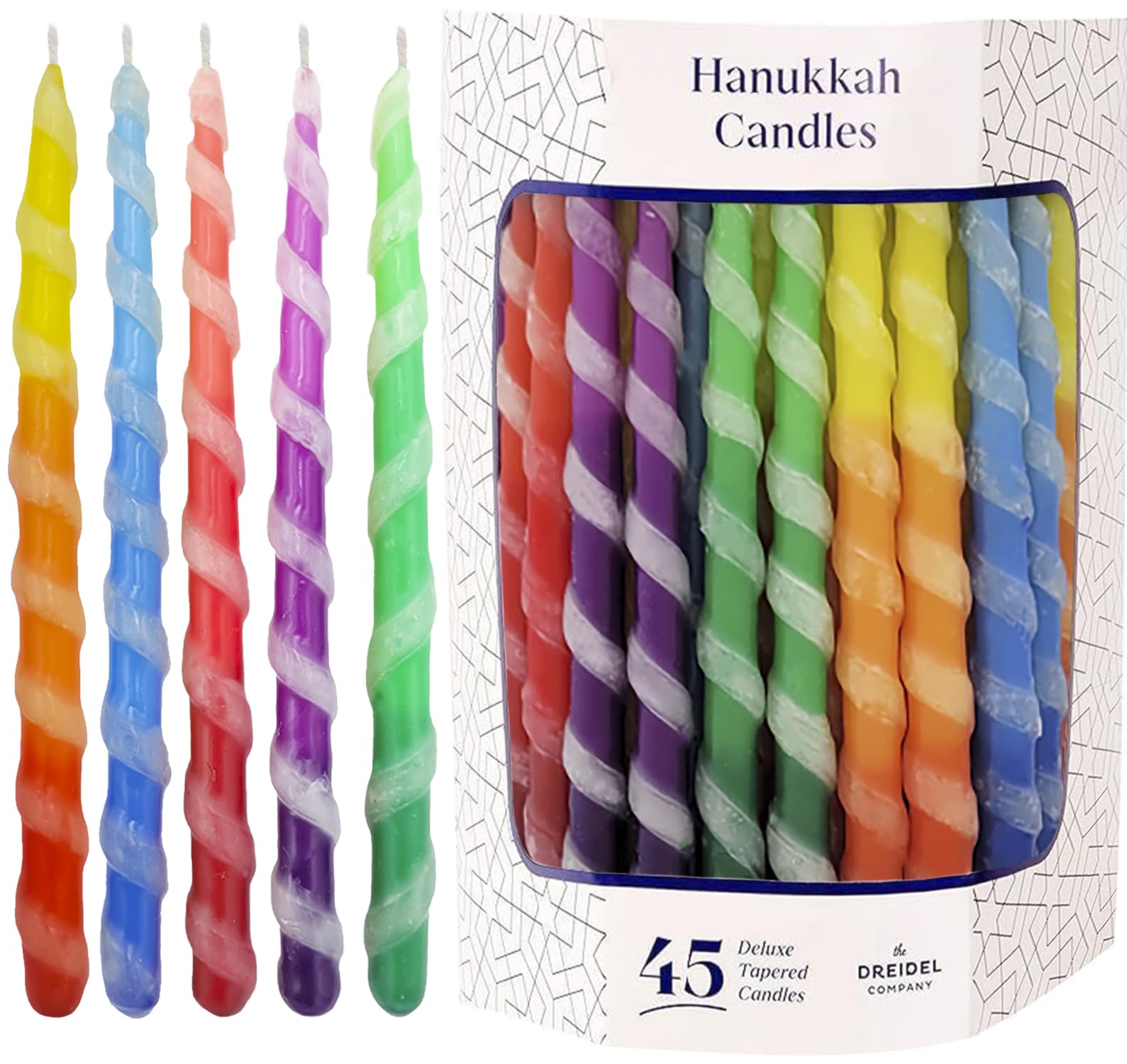 The Dreidel Company Deluxe Twisted Hanukkah Menorah Candles for All 8 Nights of Chanukah, Multicolor (5-Pack)
