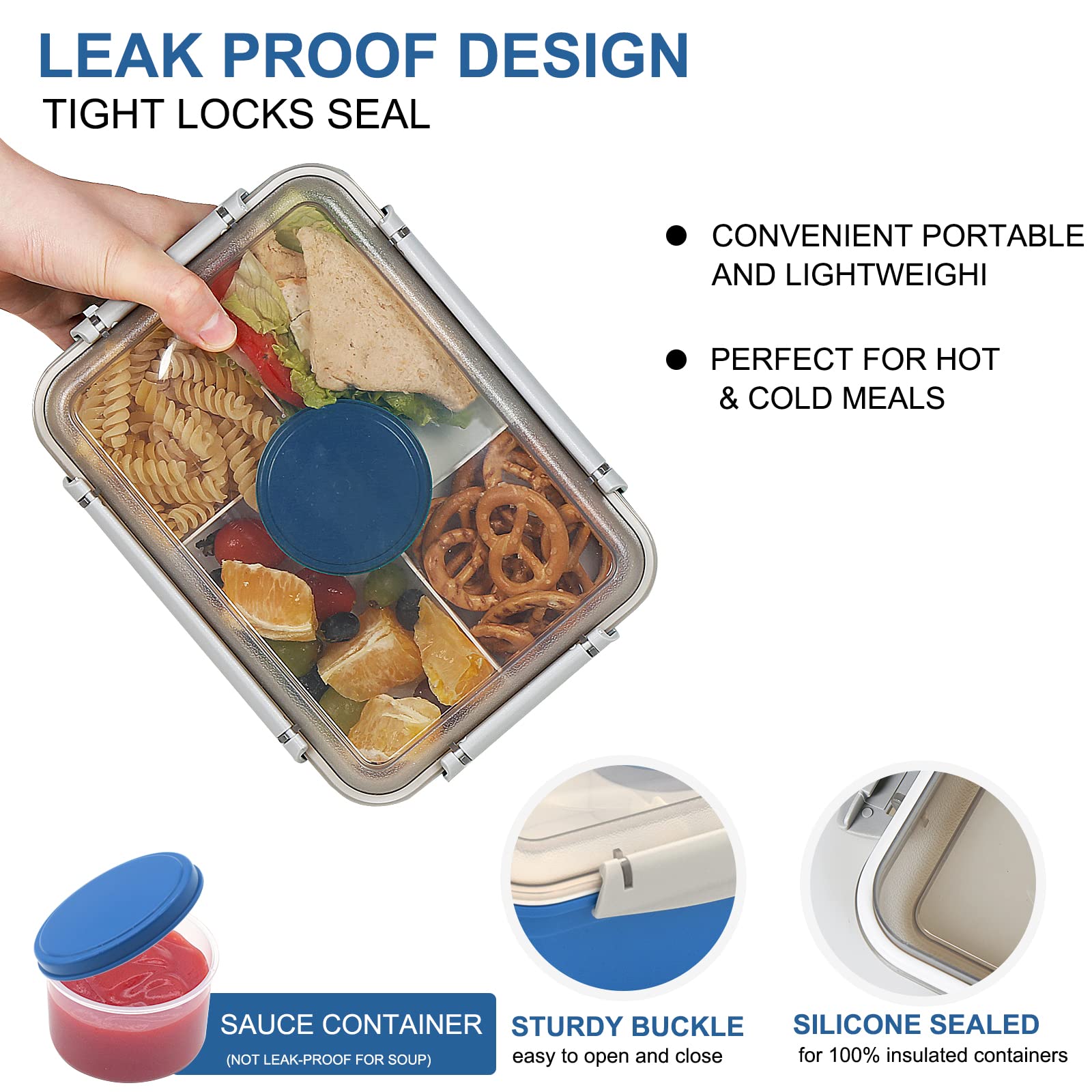 Shopwithgreen 64 Oz Salad Containers To Go For Lunch (3 Pack), Bento Box With Dressing Pots & 5-Compartment Removable Tray, Micr