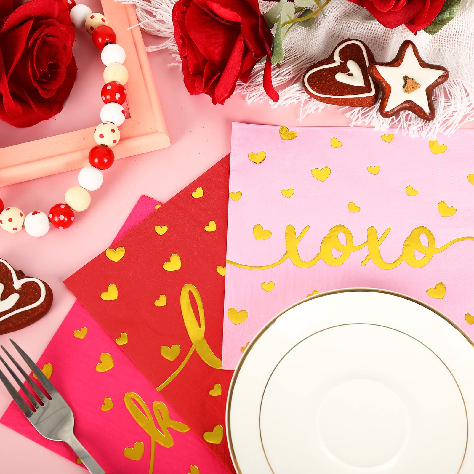 Whaline 75 Pack Valentine'S Day Napkins 6.5 X 6.5 Inch Red Pink Gold Foil Dinner Napkins Love Xoxo Kisses Valentines Disposable