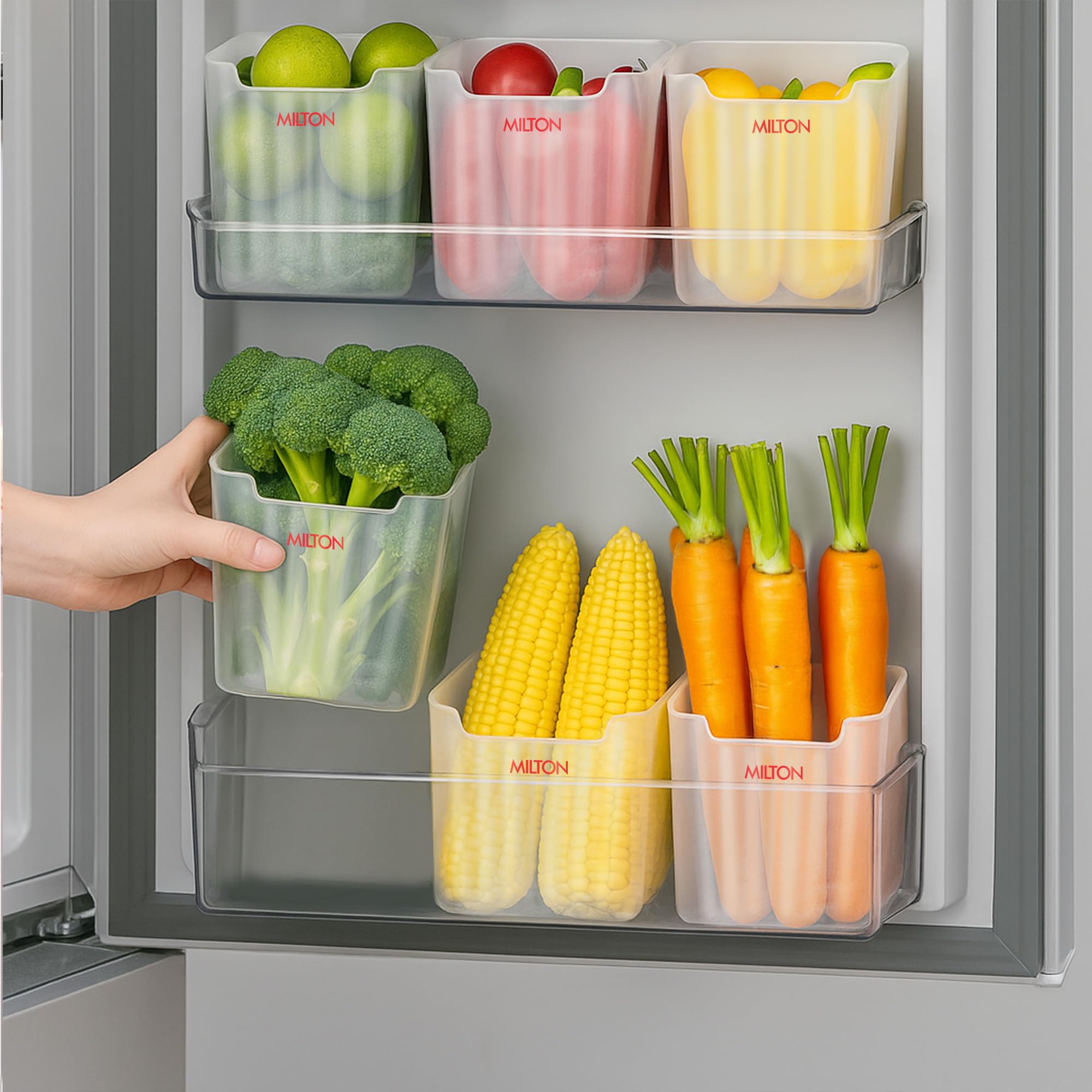 Milton Cryo Fridge Storage Containers For Door - Set Of 6, Stackable, Space-Saving Transparent Plastic Containers With Waterproo