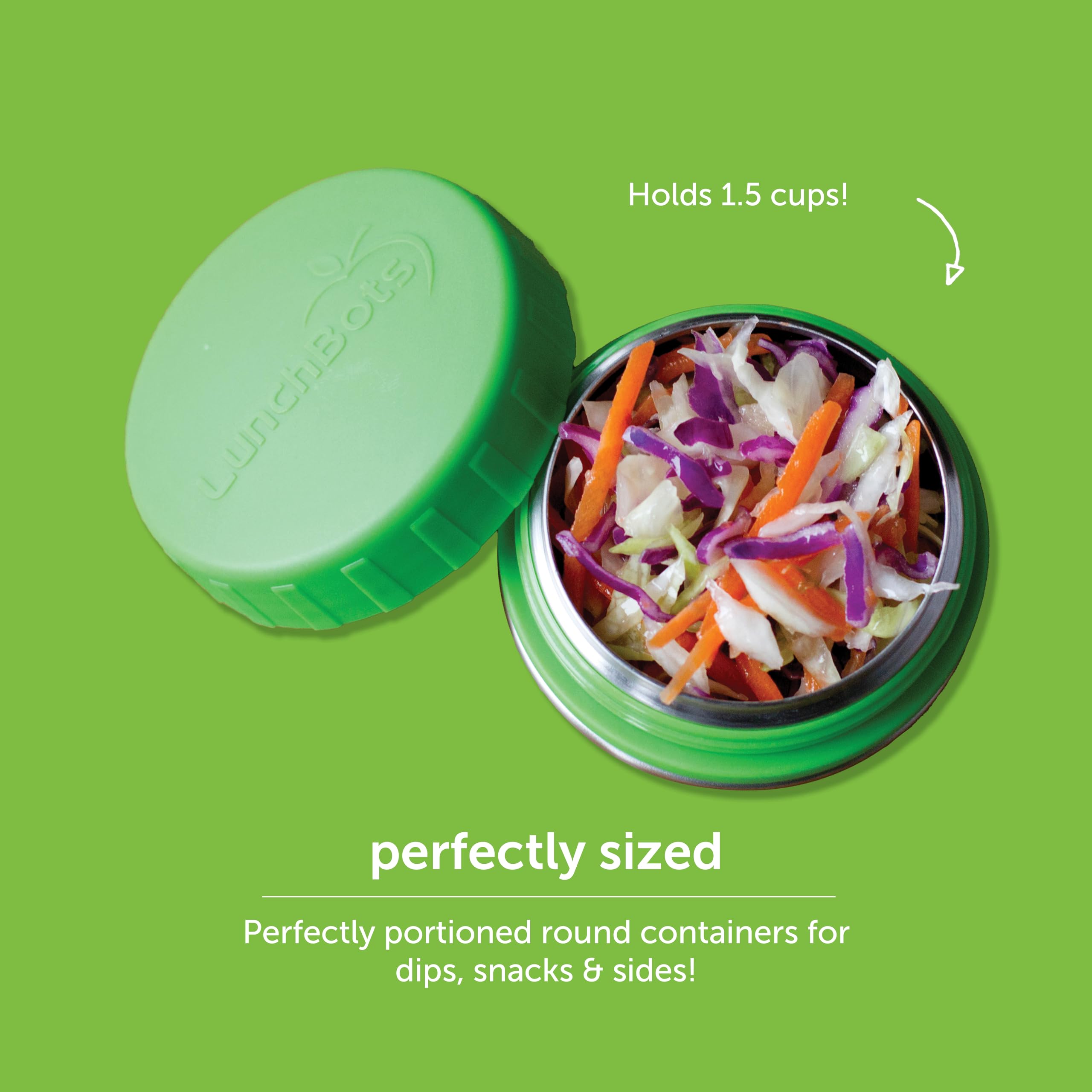 Lunchbots Rounds Leak Proof 4 Oz. Stainless Snack Container Jar, Set Of 2, Green Lids