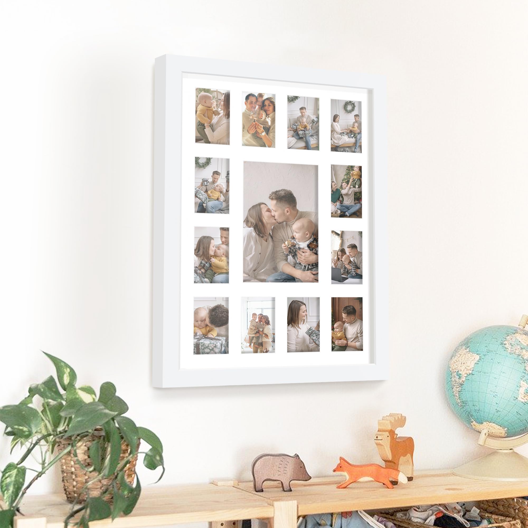DUENPY 12x16 My First Year Picture Frame Displays One 5x7 inch and Twelve 2x3 inch Small Photo Collage Wall Hanging or Tabletop