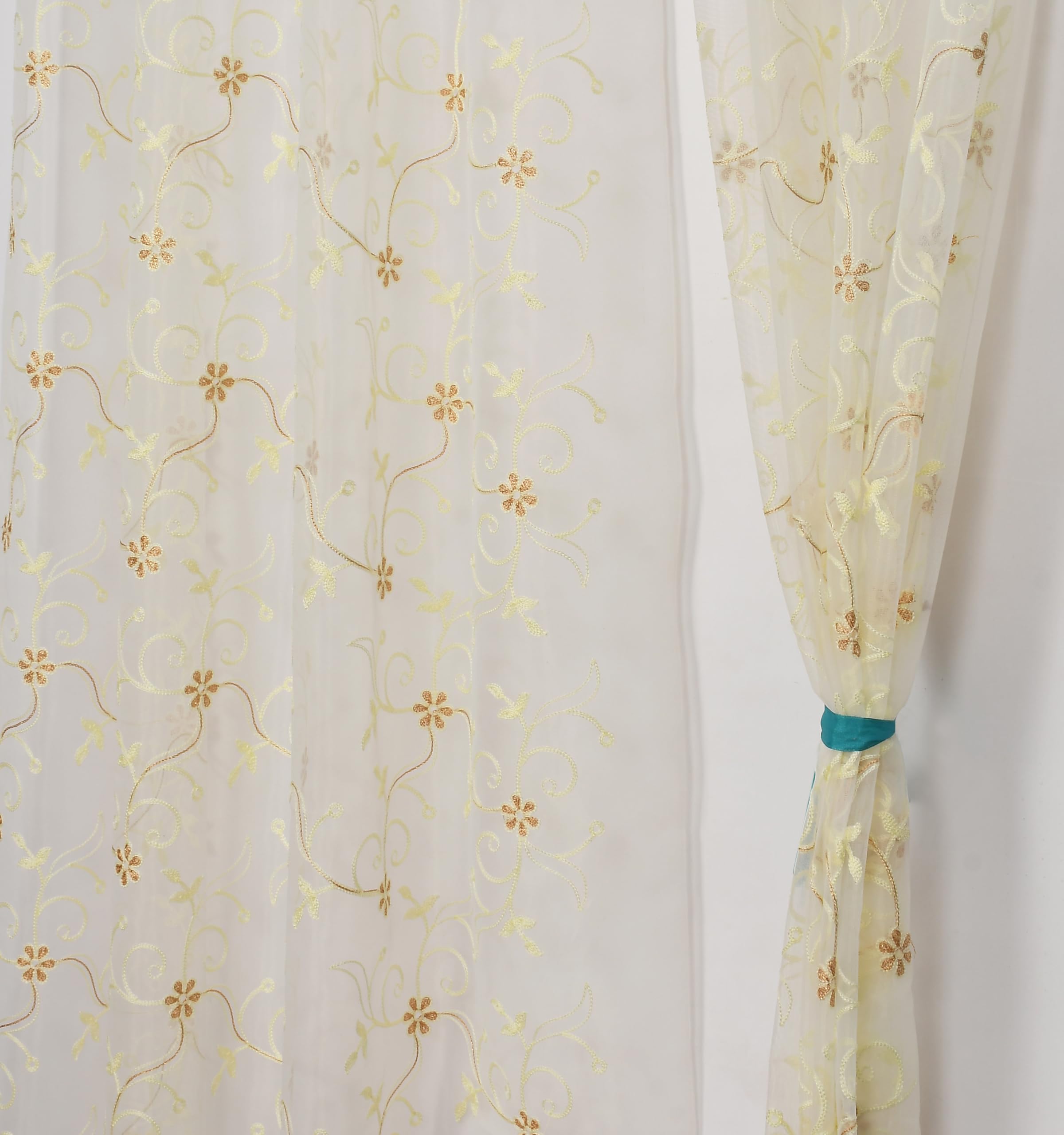 Fabrilia Floral Pattern Embroidery Tissue Net Sheer Transparent Curtains For Door 9 Feet Long Set Of 2, White