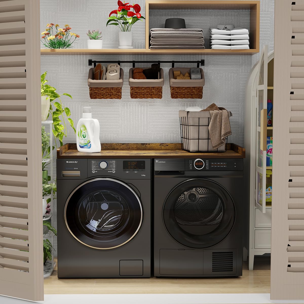 Dooloric Washer Dryer Countertop, Laundry Wood Shelf Topper With Edge, 27.6'' Depth X 54'' Width Cover Guard Organizer For Washe