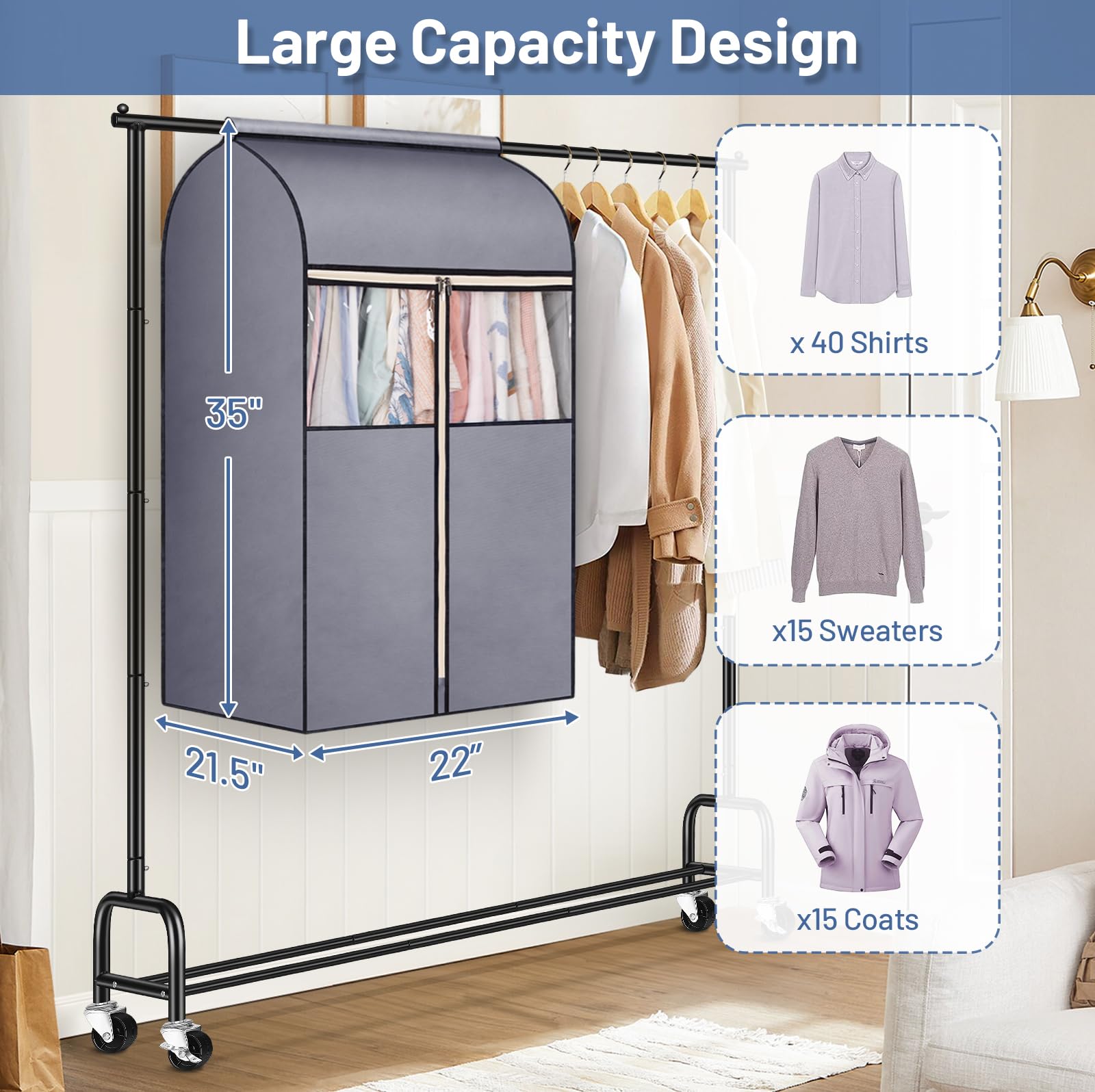 Sleeping Lamb 35'' Garment Bags For Hanging Clothes Storage, Sealed Completely Clothing Rack With Cover With Zipper Clear Pvc Wi