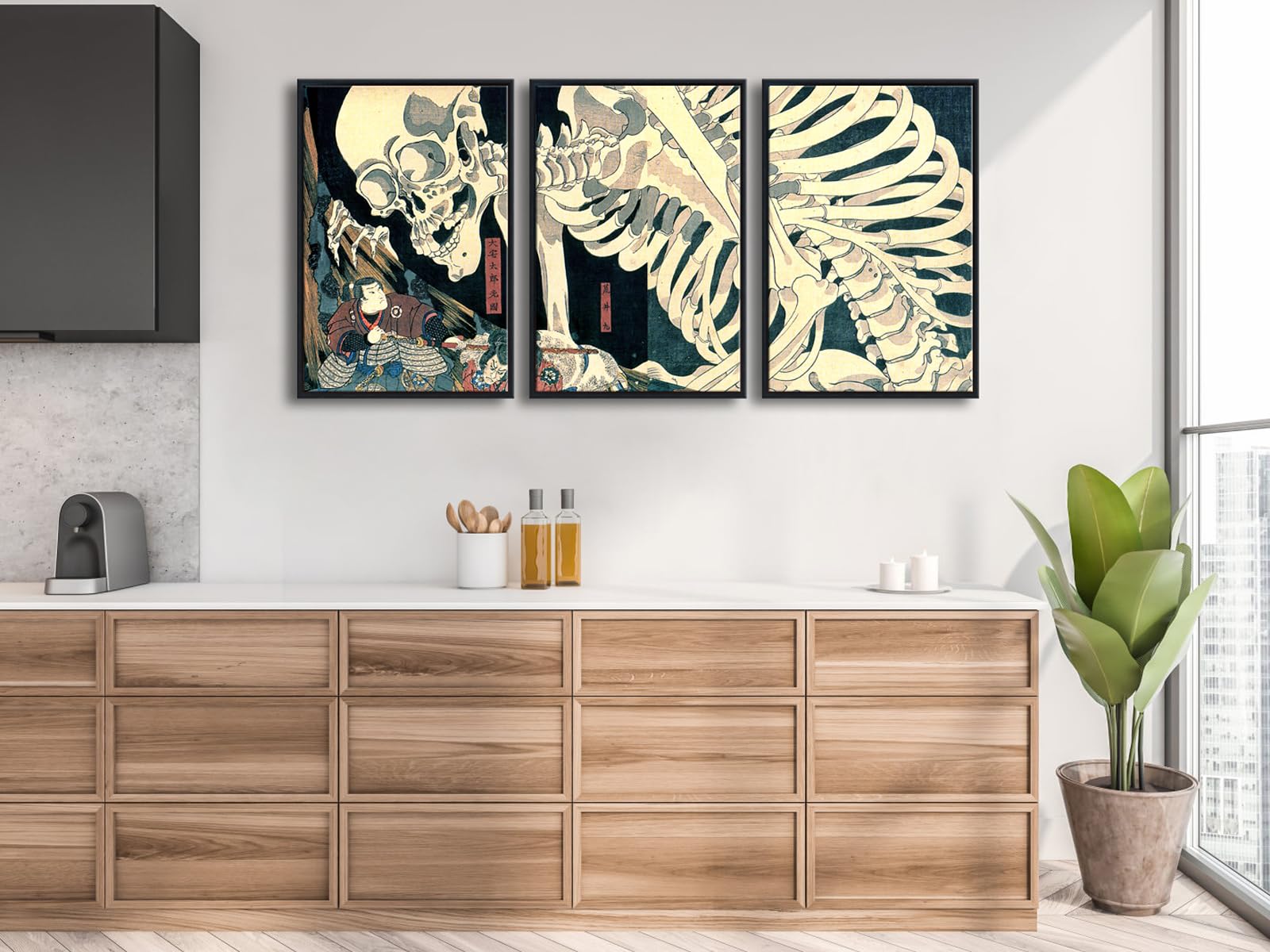 Wieco Art Black Framed 3 Piece Witch And Skeleton Ukiyo-E By Utagawa Takiyasha Historic Cultural Illustrations For Living Room B