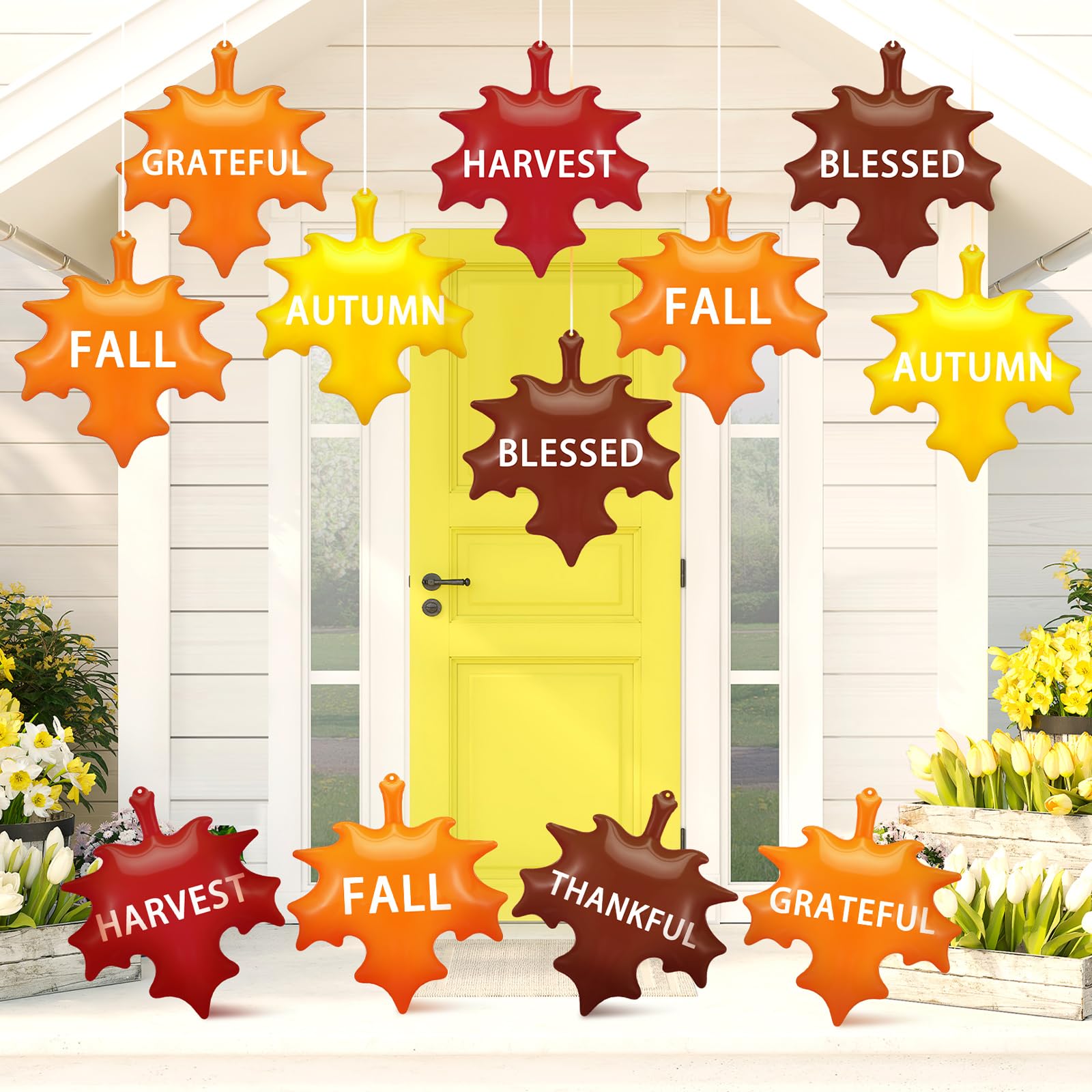 Leyndo 12 Pieces 14 Inch Thanksgiving Fall Inflatable Maple Leaf Outdoor Decorations Autumn Maple Leaf Inflatable Hanging Orname
