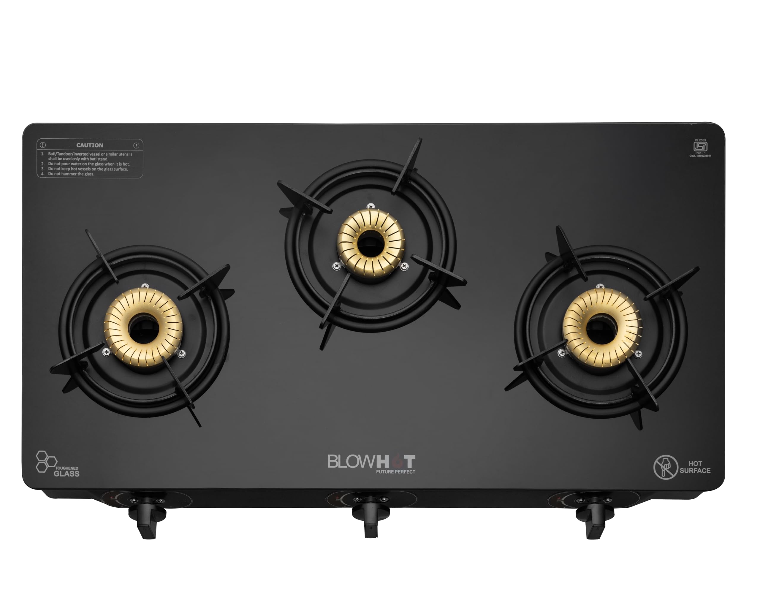 Blowhot Auto Ignition 3 Burners Gas Stove Cooktop For Kitchen (Isi Certified)- 1 Year Warranty, High Power Tornado Brass Burner,