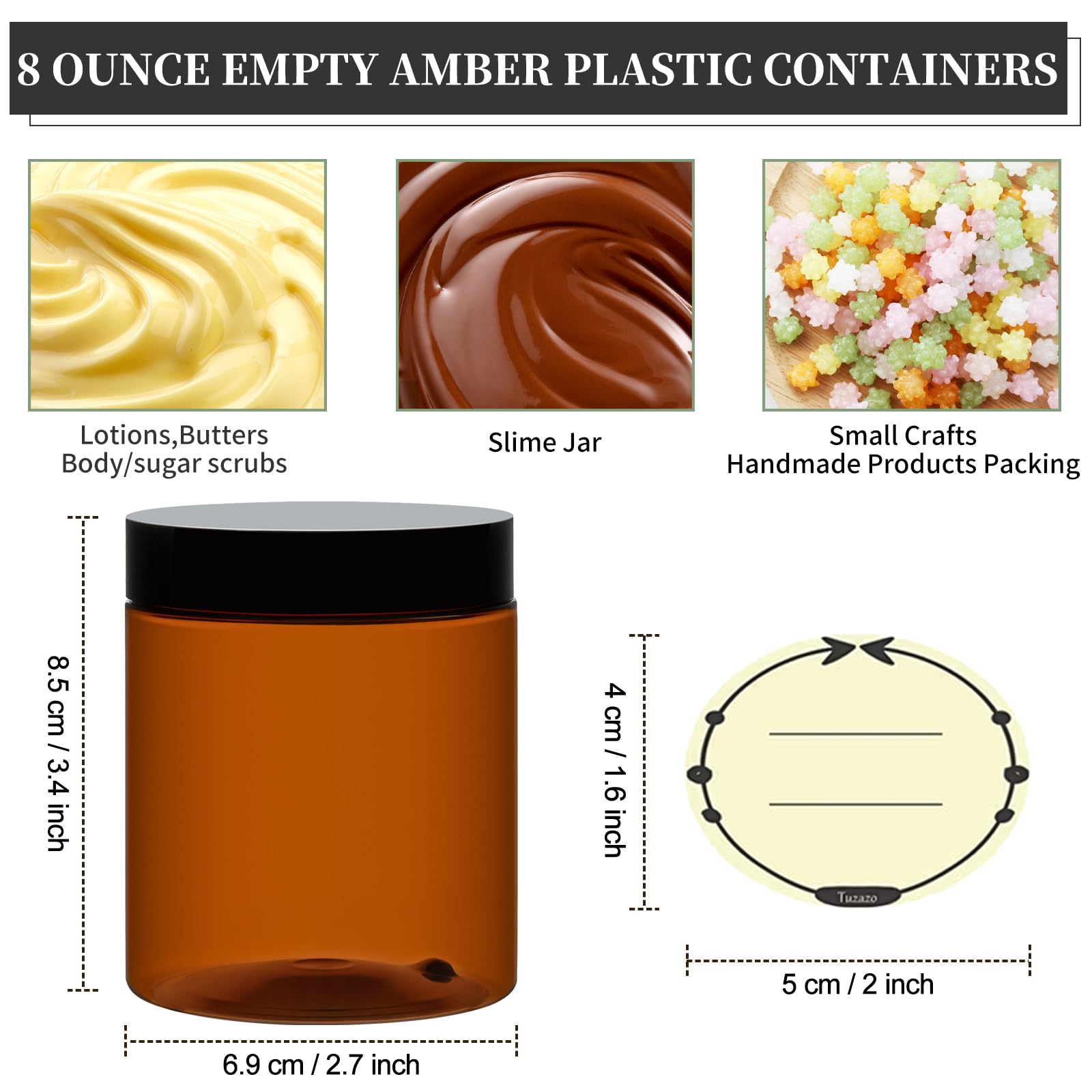 Tuzazo 8 Oz Amber Plastic Cosmetic Jars Leak Proof Container With Lids For Cream, Lotion, Powder, Ointments, Beauty Products, 12