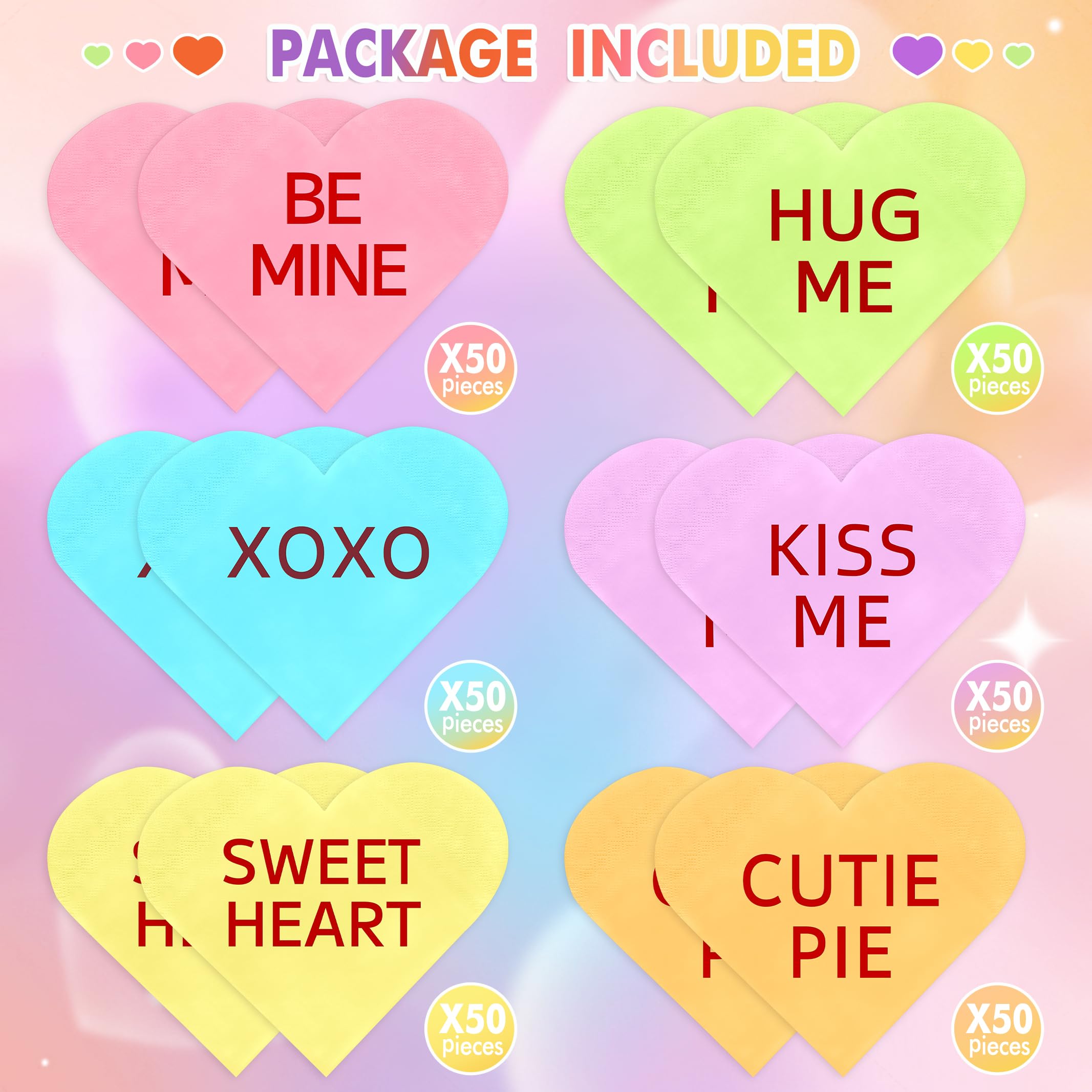 300 Pieces Valentine'S Day Heart Napkins Conversation Heart Napkins Disposable Heart Shaped Paper Napkins Heart Beverage Napkins