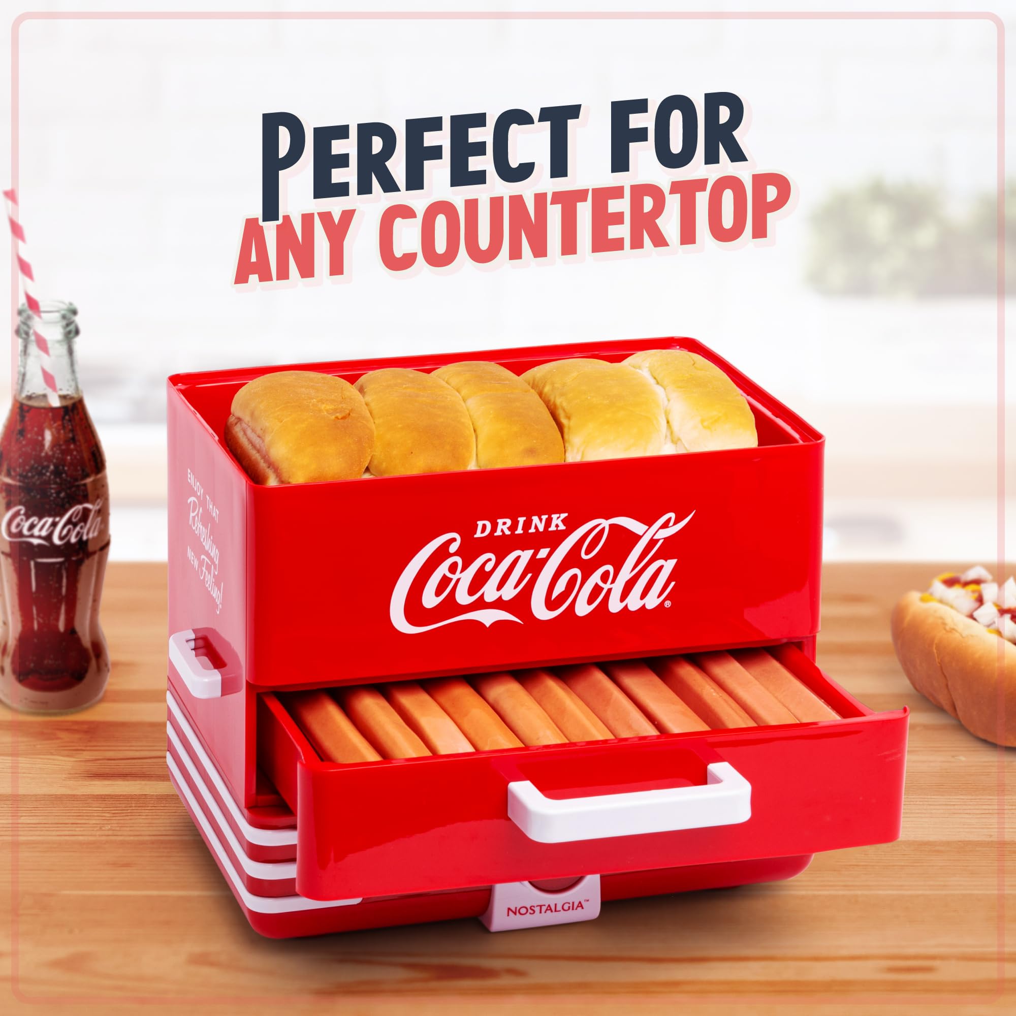 Nostalgia Coca-Cola Hot Dog Steamer & Bun Warmer, 24 Hot Dog & 12 Bun Capacity, Red Plastic, Model: Coca Cola