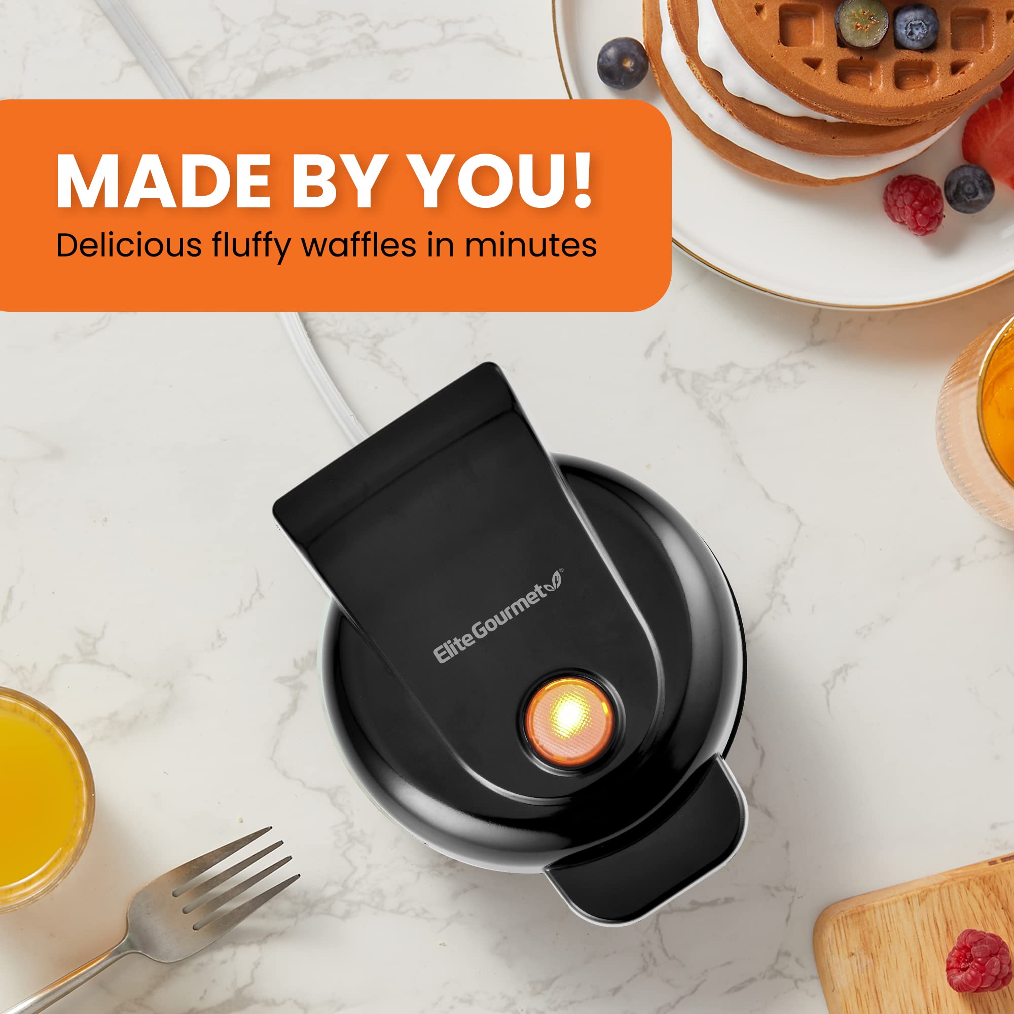 Elite Gourmet Ewm013B Electric Nonstick Mini Waffle Maker With 5-Inch Cooking Surface, Belgian Waffles, Compact Design, Hash Bro