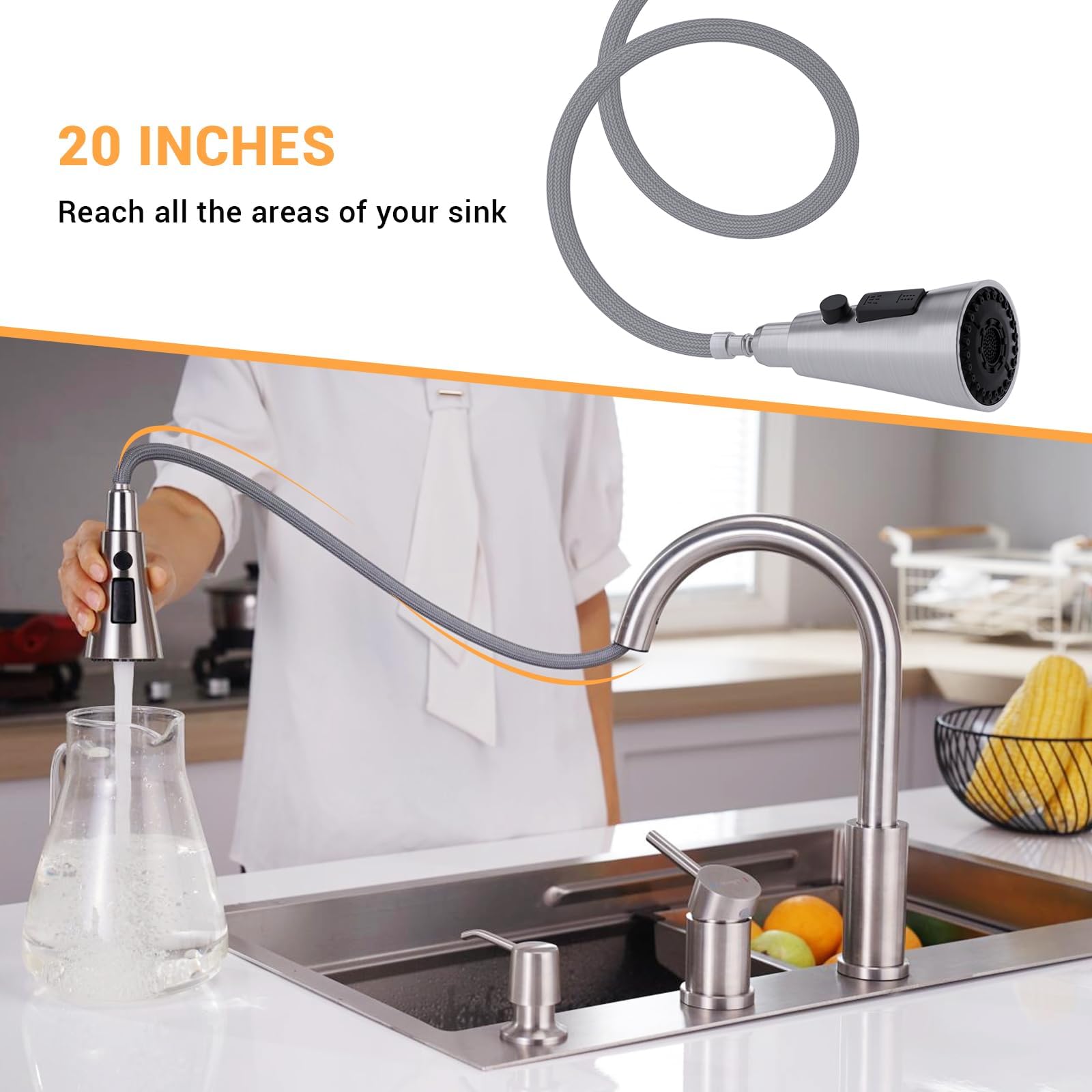 Dayone 3 Holes Kitchen Faucets With Soap Dispenser, 2 Holes Brushed Nickel Kitchen Sink Faucet With Pull Down Sprayer, Side Sing