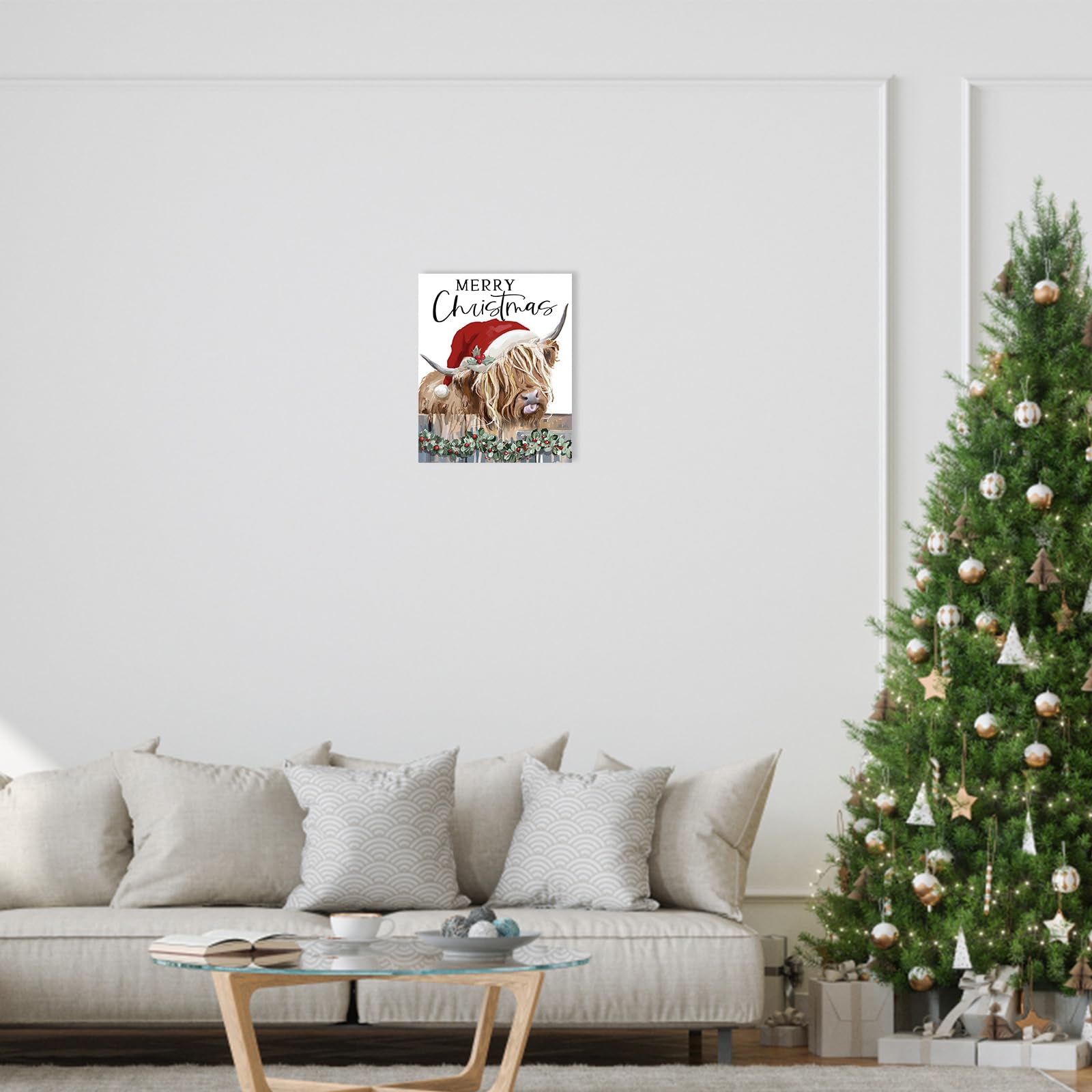 Christmas Highland Cow Wall Decor:Merry Christmas Canvas Wall Art Cow Pictures Farm Animal Prints Xmas Holiday Decorations Farmh