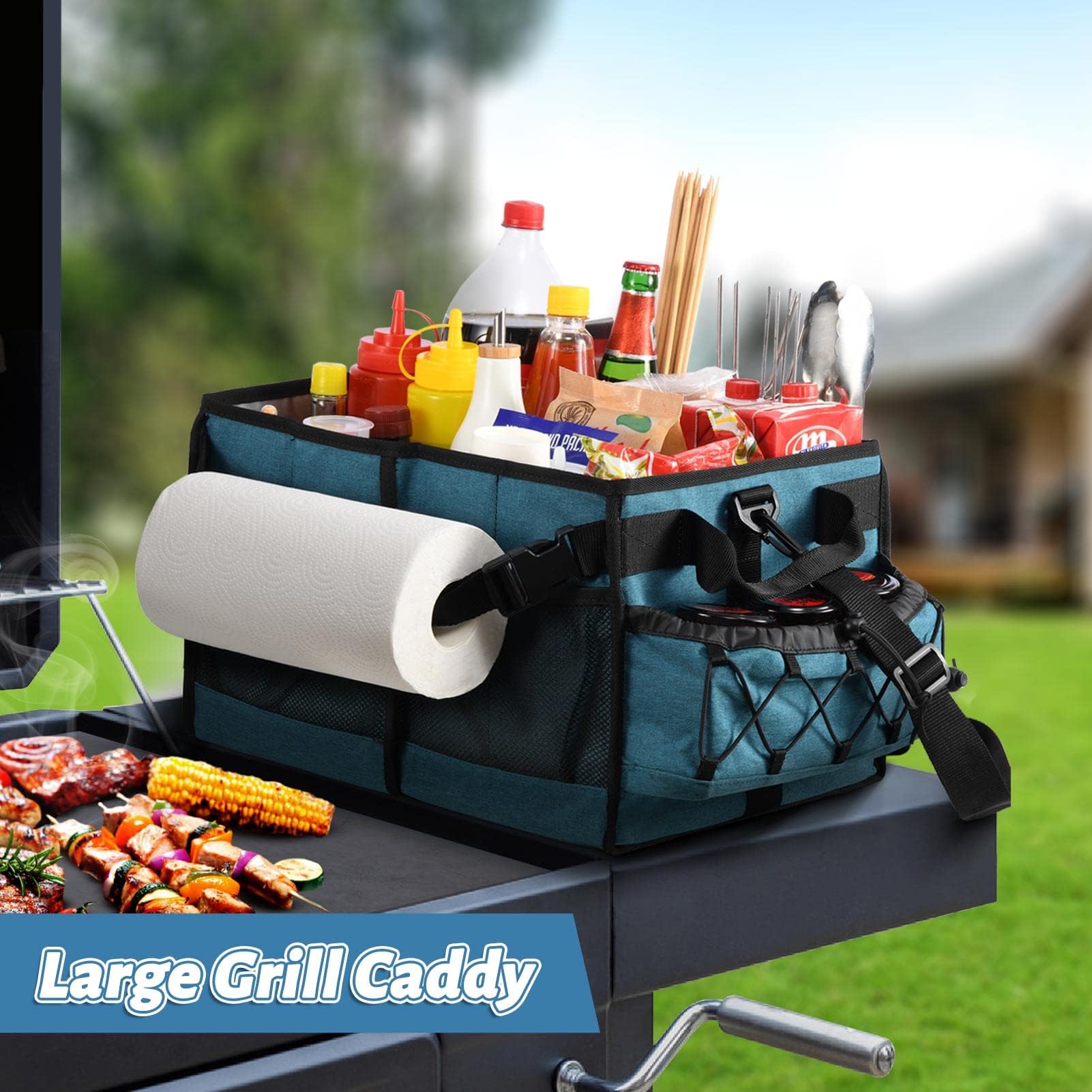Lorbro Grill Caddy, Bbq Caddy With Paper Towel Holder, Utensil Caddy With Condiment Pocket, Collapsible Picnic Basket Camping Ge