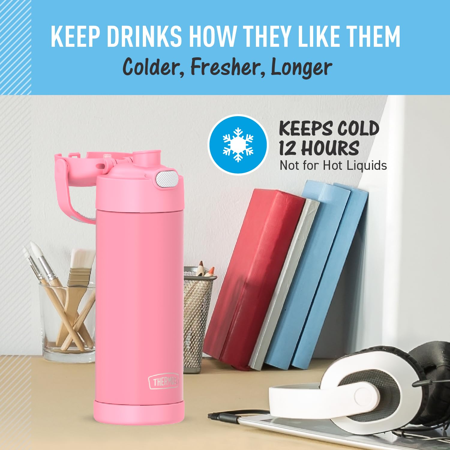 Thermos Funtainer 16 Ounce Stainless Steel Vacuum Insulated Bottle With Wide Spout Lid, Pink