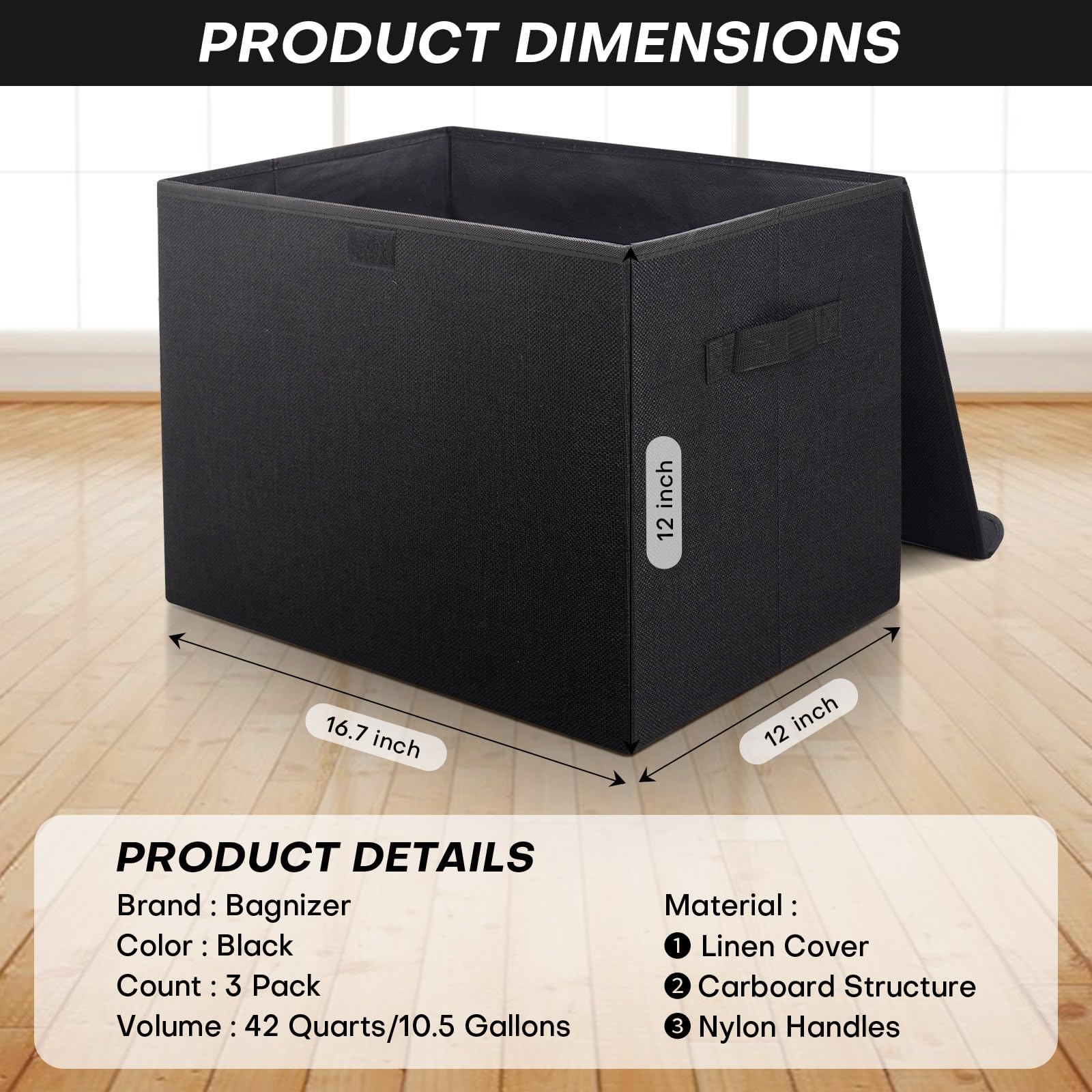 Large 17'' 42 Quarts Collapsible Stackable Storage Bins With Lids [3-Pack] Foldable Fabric Linen Storage Boxes Cube, Closet Orga