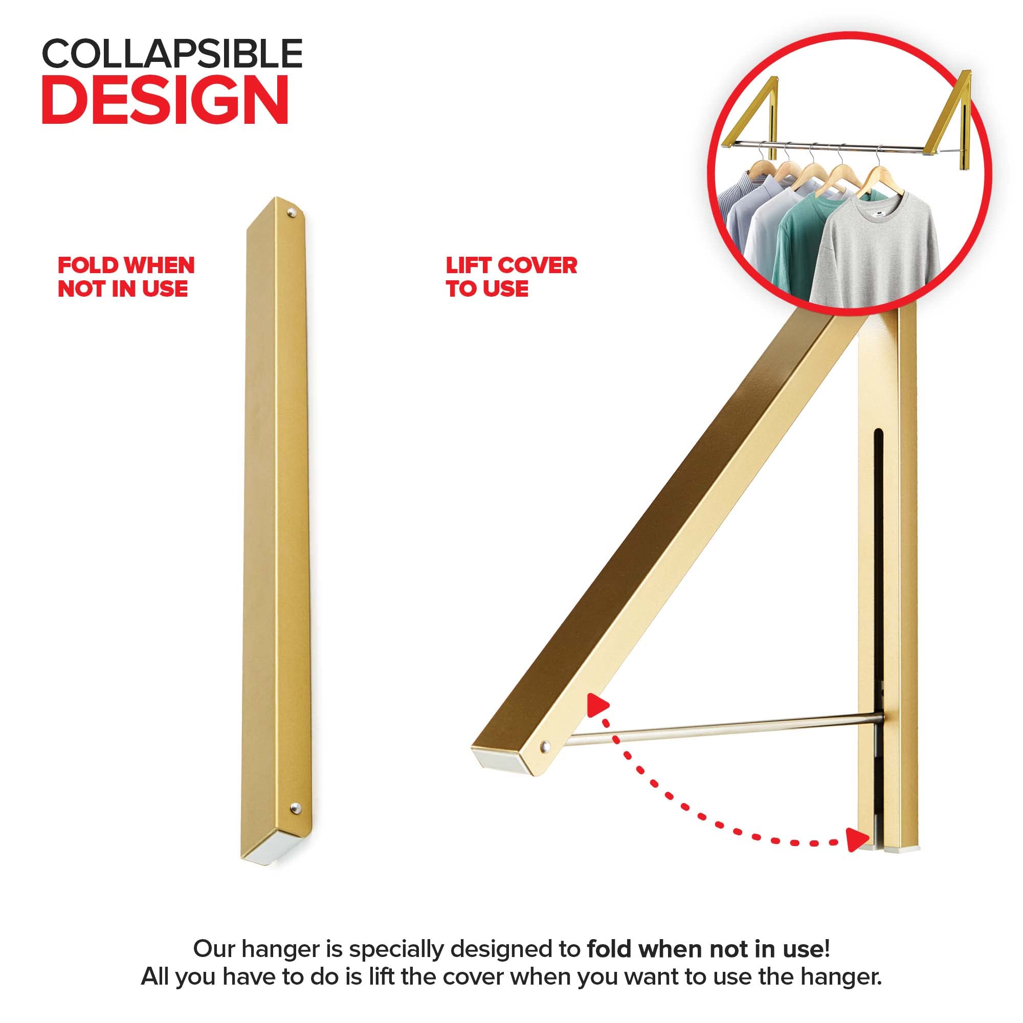 Double Foldable Clothing Rack w/ Extension Rod  Wall-Mounted Retractable Clothes Hanger for Laundry Dryer Room  Hanging Drying Rod  Small Collapsible Folding Garment Racks  Dorm Accessories (Gold)