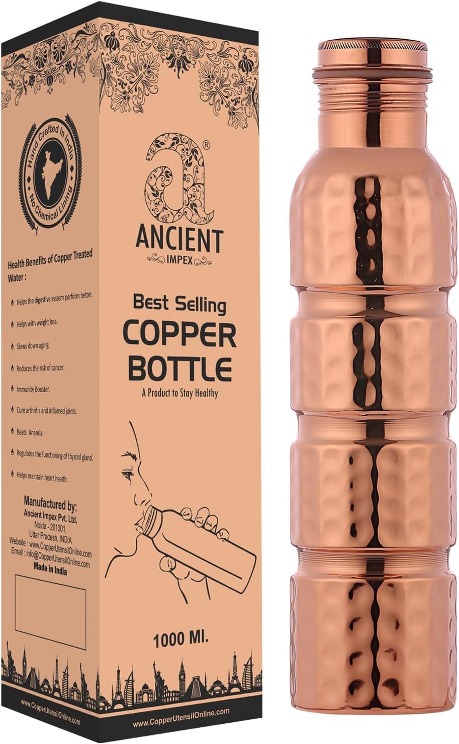 ANCIENT IMPEX Hammered Pure Copper Water Bottle | Copper Stylish Bottle Joint Free with Ayurvedic Benefited 100% Pure and Leak P