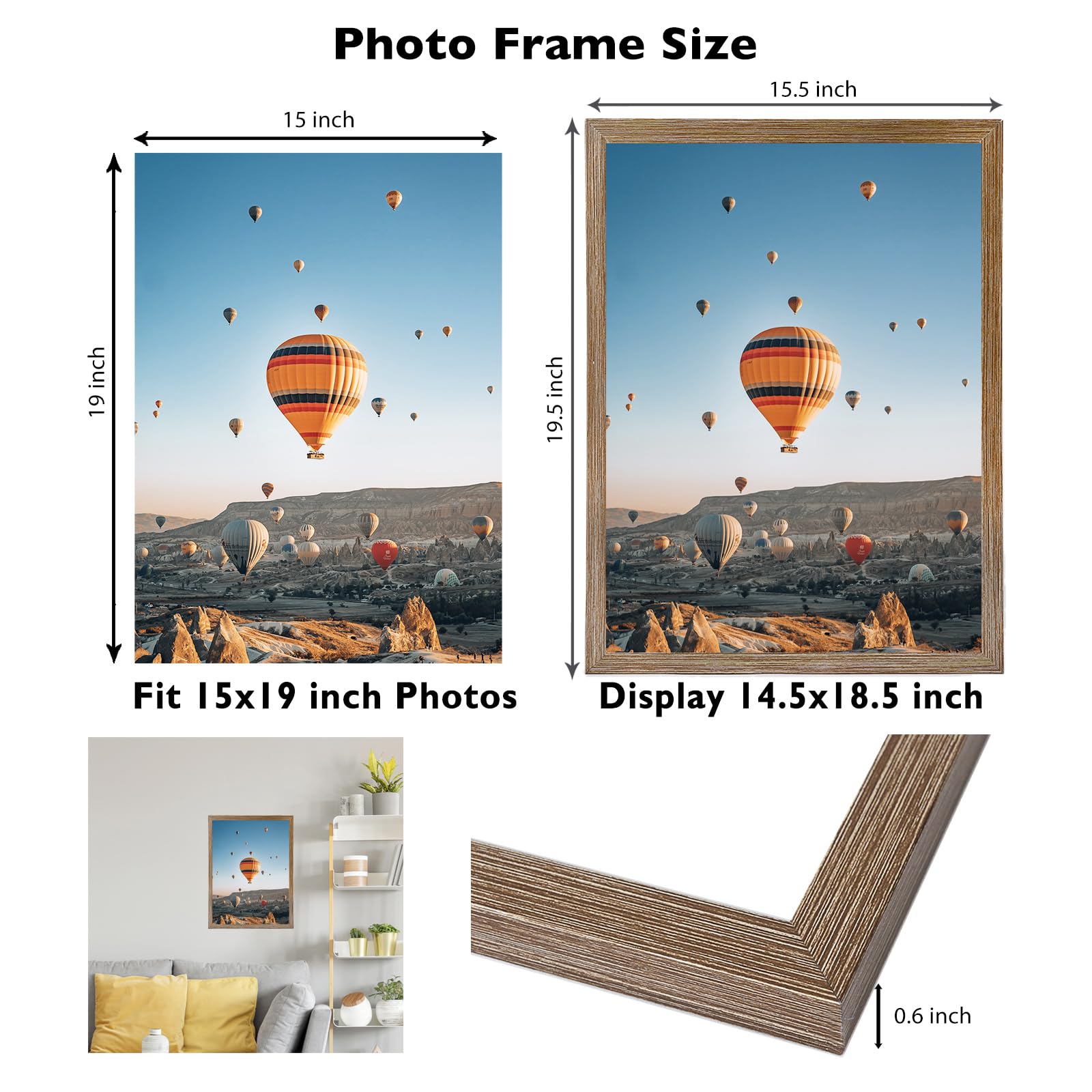 JCJMY 15x19 Picture Frame Rustic Brown for Poster Photo Picture, Horizontal and Vertical Formats for Wall Hanging, 15 x 19 Wall