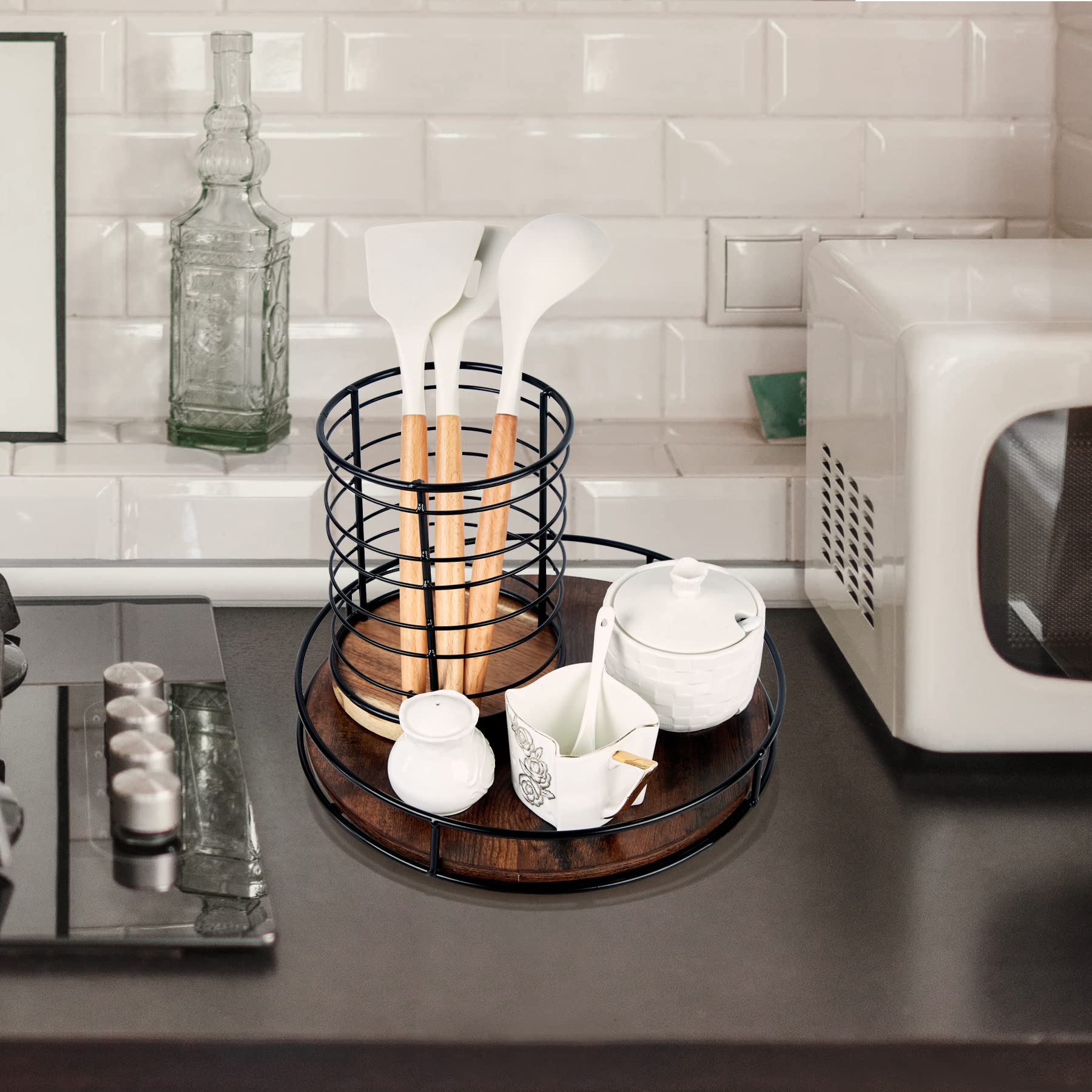 10 Inch Wood Lazy Susan Turntable For Table, Kitchen Rustic Brown Turntable Organizer With Steel Frame, 360 Degree Decorative Tu