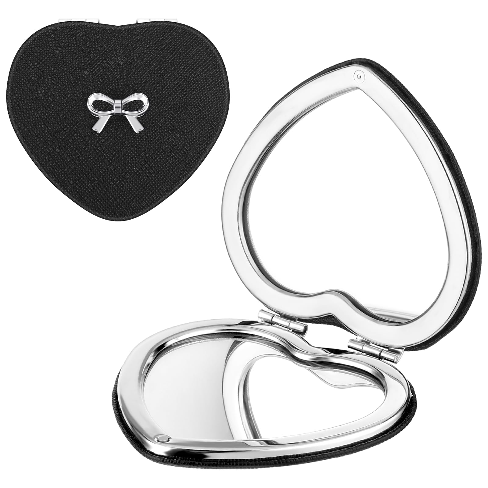 Qianyu Compact Folding Mirror Heart Shaped Double-Sided 1X/2X Magnifying Mirror Cute Mini Glitter Makeup Mirror With Pu Leather
