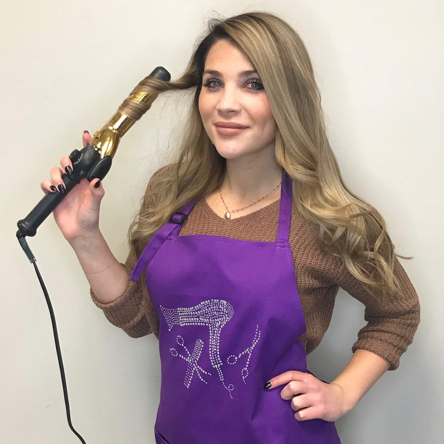 Hair Stylist Apron With Rhinestone Tools For Hairdresser, Cosmetologist Or At Home Hair Cutting, 3 Pockets Adjustable Neck, Purp