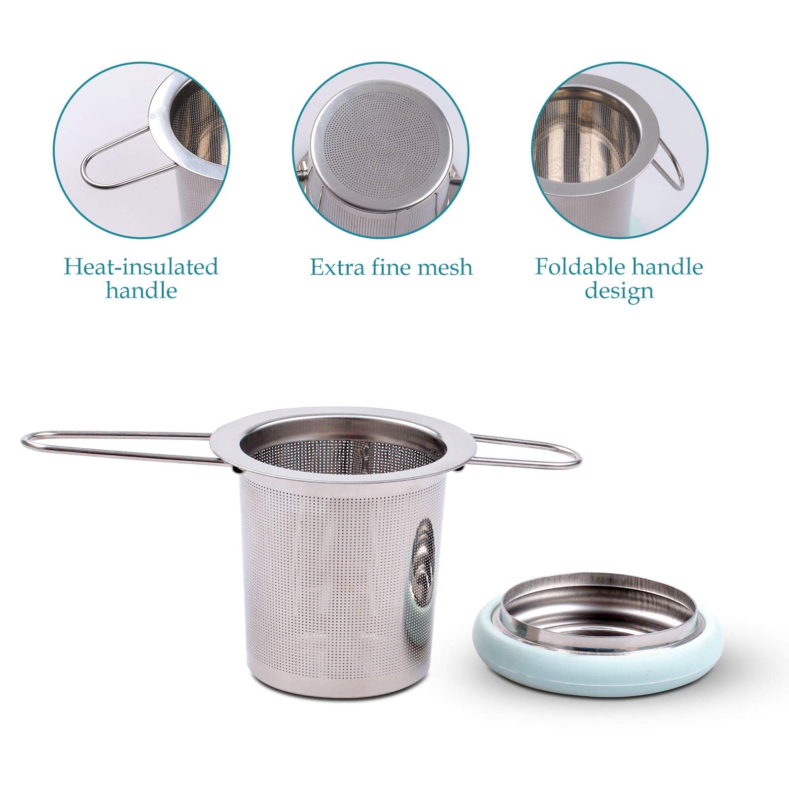 Fenshine Stainless Steel Tea Infuser with Folding Handle, Extra Fine Mesh, Light Blue, Model 4CMU