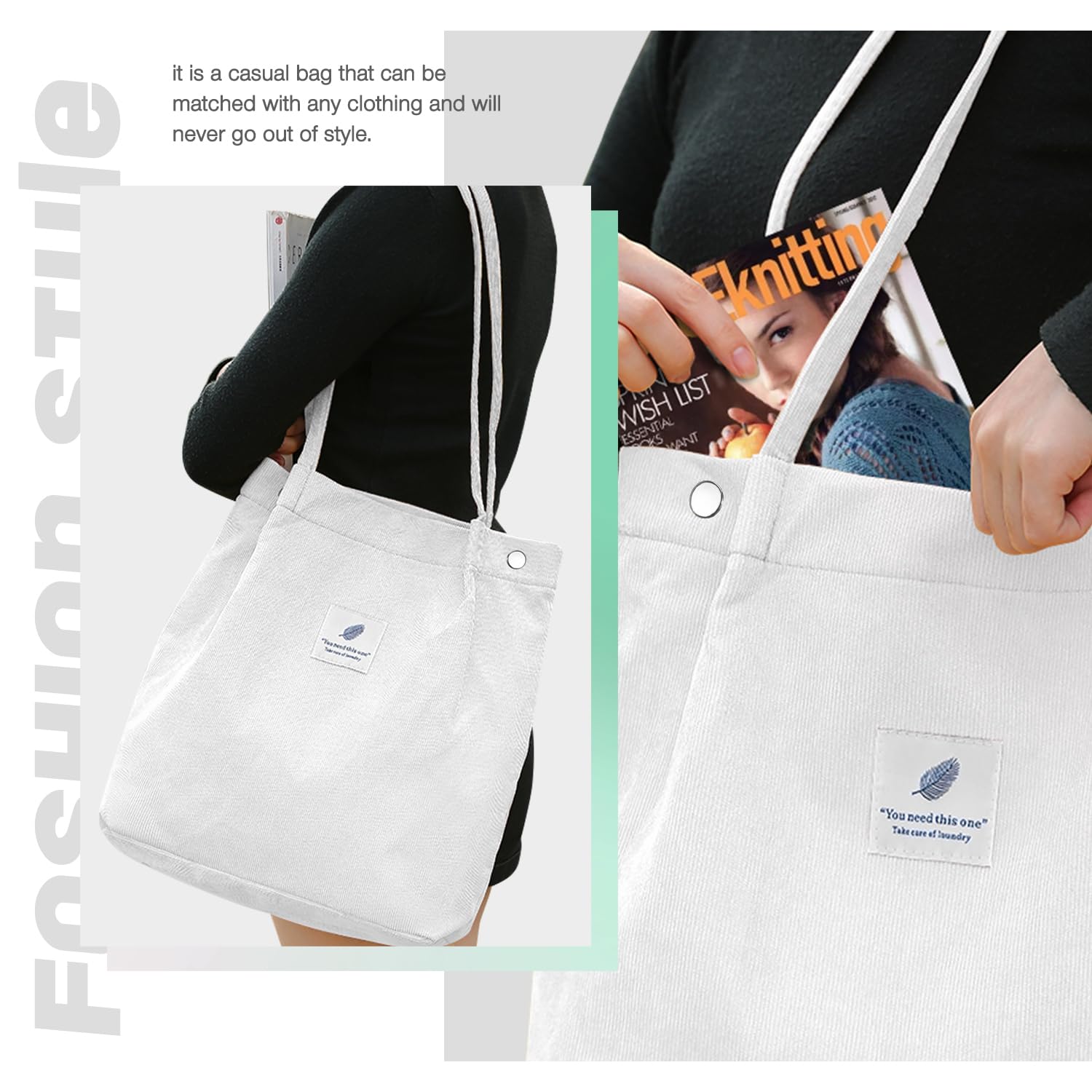 Lhmtqvk Corduroy Tote Bags For Women, Large Capacity Corduroy Bag Reusable Grocery Shoulder Bag With Inner Pockets (White)