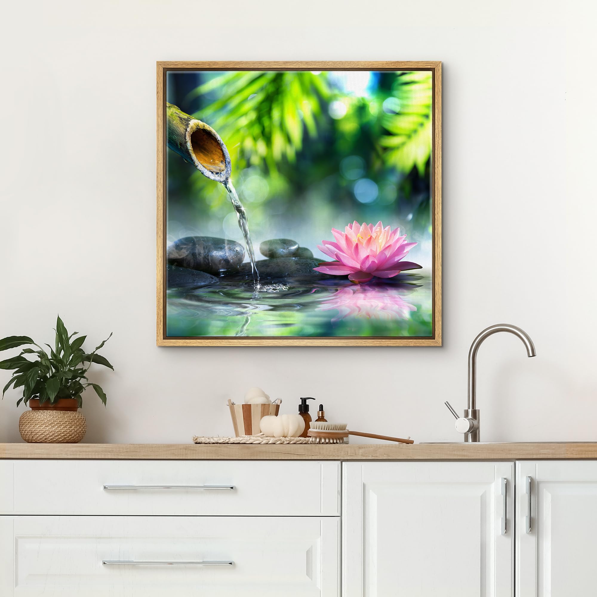 Wall26 Framed Canvas Print Wall Art Zen Garden With Bamboo And Pink Water Lily Floral Nature Digital Art Modern Art Rustic Relax