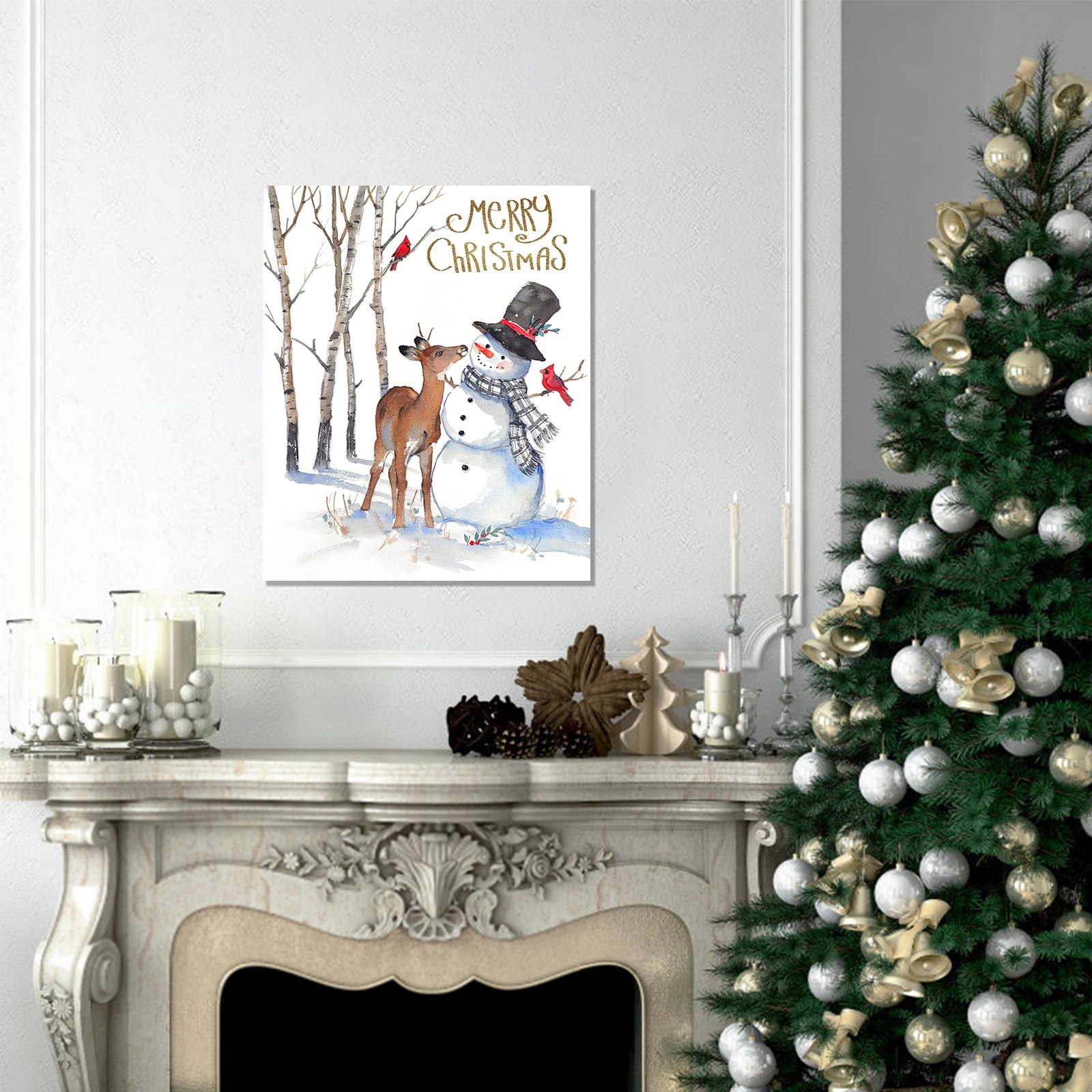 Merry Christmas Canvas Wall Art: Snowman Deer And Cardinal Red Bird Christmas Decor Picture Print - Winter Scene Painting White