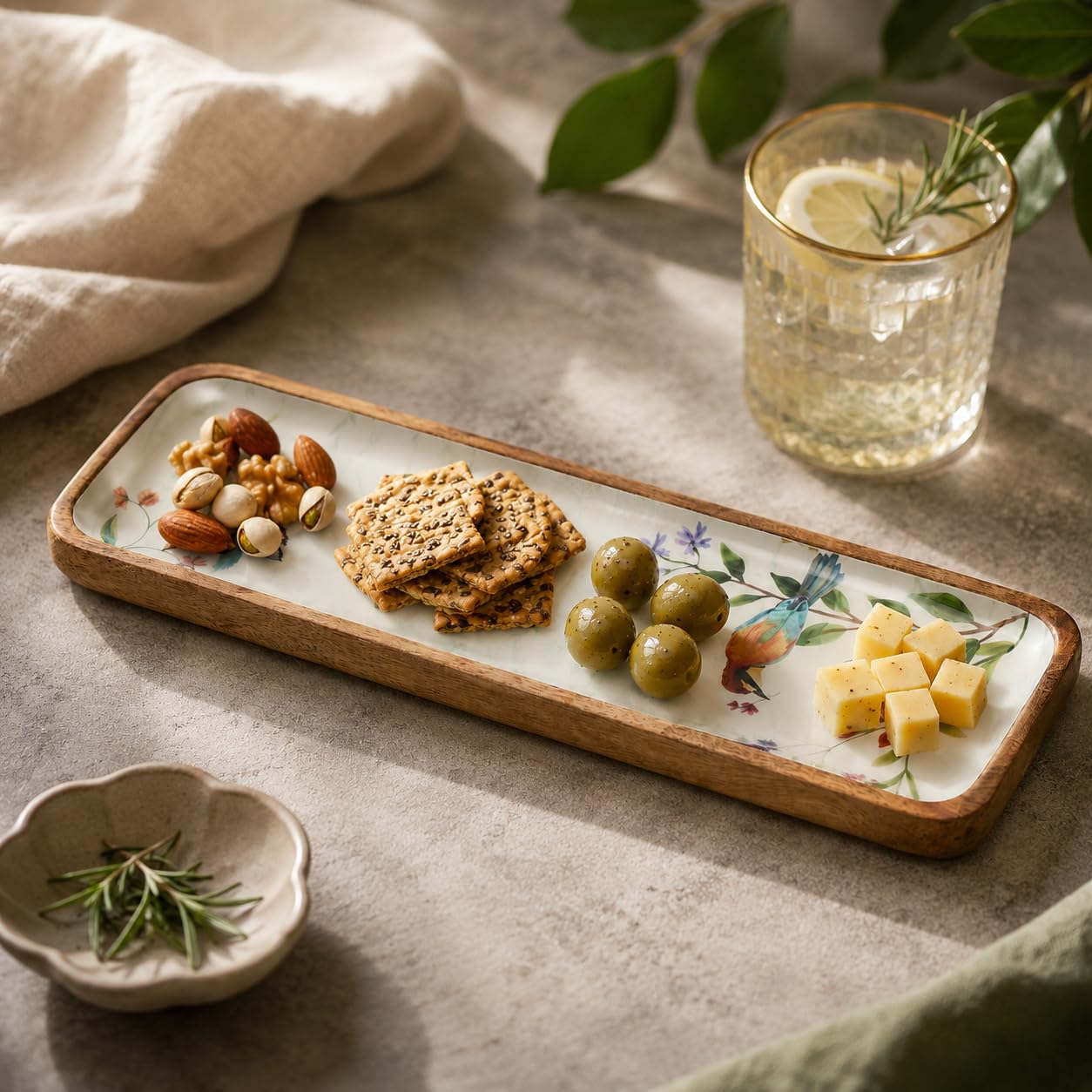 Saaga Anemone Printed Mango Wood Rectangular Platter  16.5 X 4.5 Inch Serving Tray | Wooden Snack, Fruit & Dessert Platter  Pa