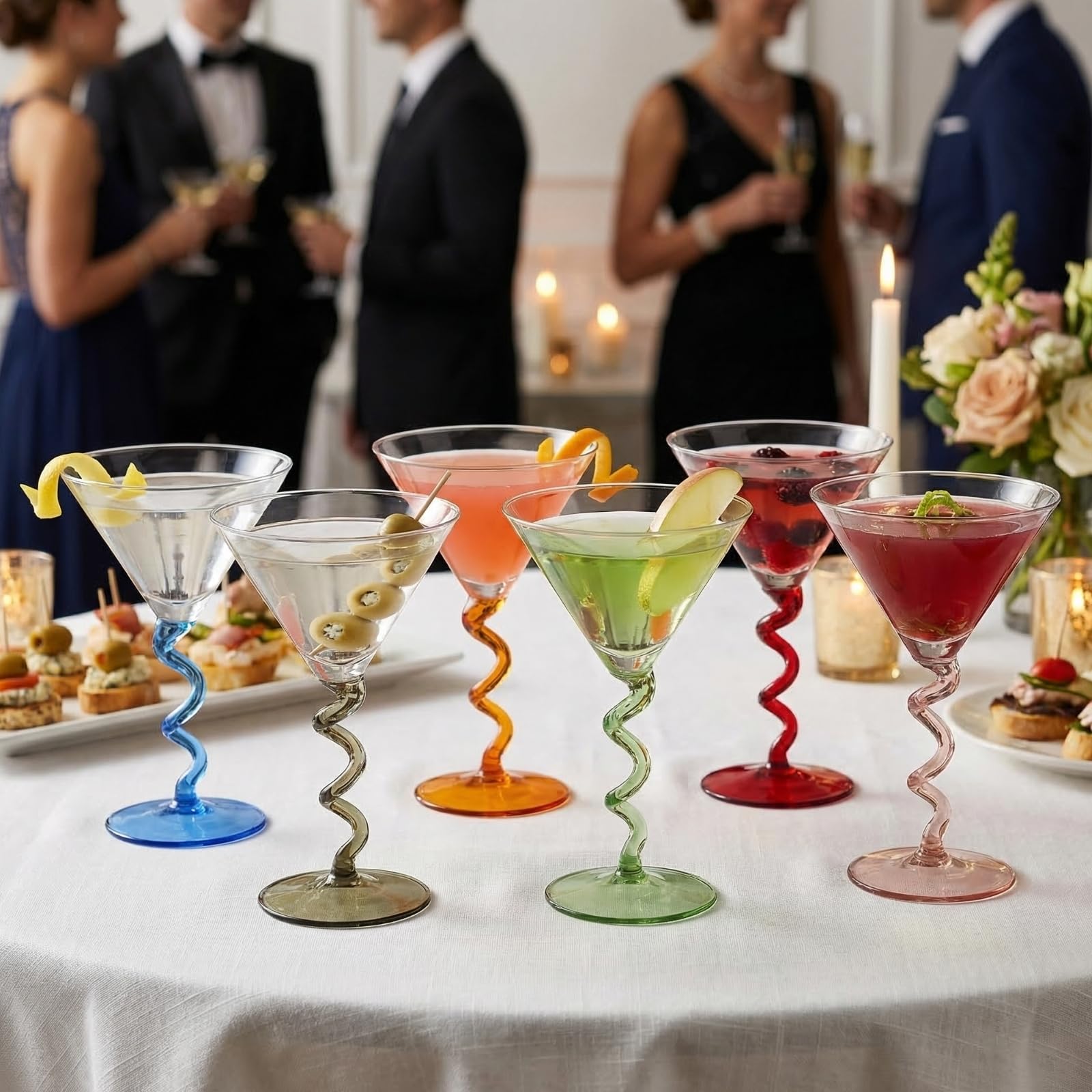 Spiral Stem Martini Glasses Set of 6, 9.2oz 7.05" Multicolor Twisted Base Glass