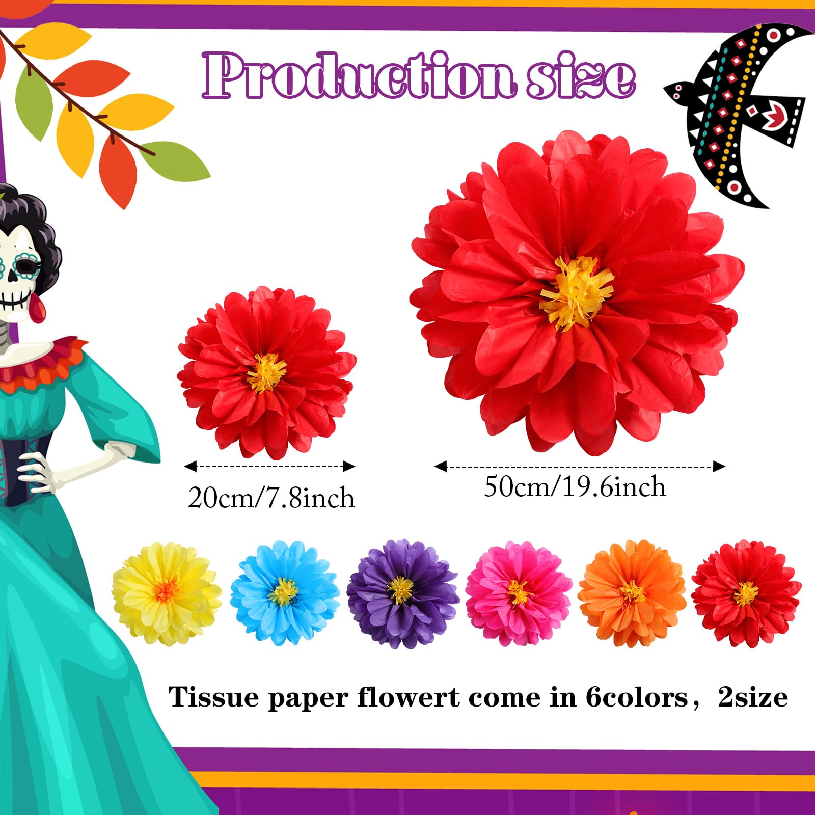 Watersay 36 Pcs 10 20 Giant Mexican Fiesta Paper Flowers Colorful Tissue Crepe Flowers Pom Poms Craft for Floral Party Backdrop
