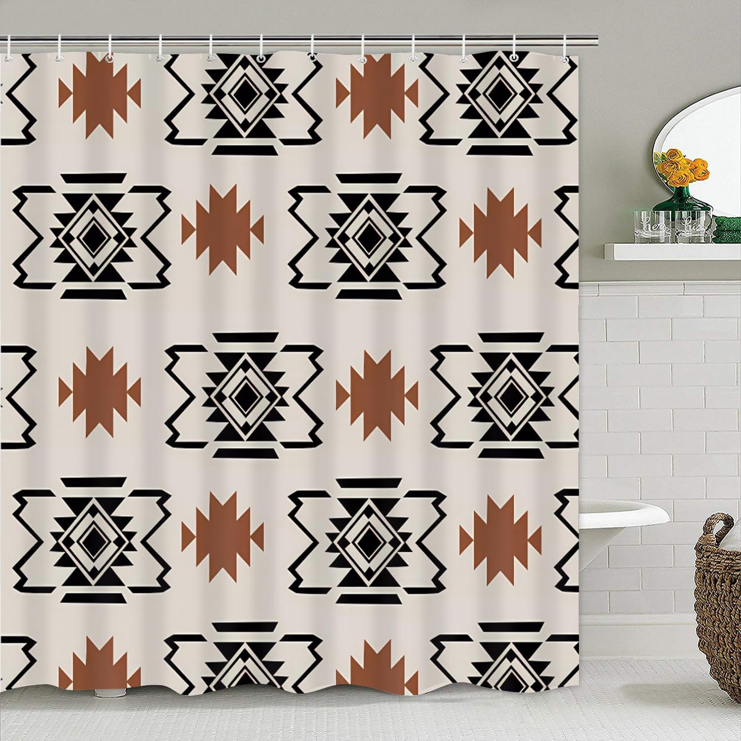 Pretyw 4-Piece Western Aztec Shower Curtain Set Geometric Vintage Bathroom Set With Shower Curtain And Rugs, Boho Abstract Patte