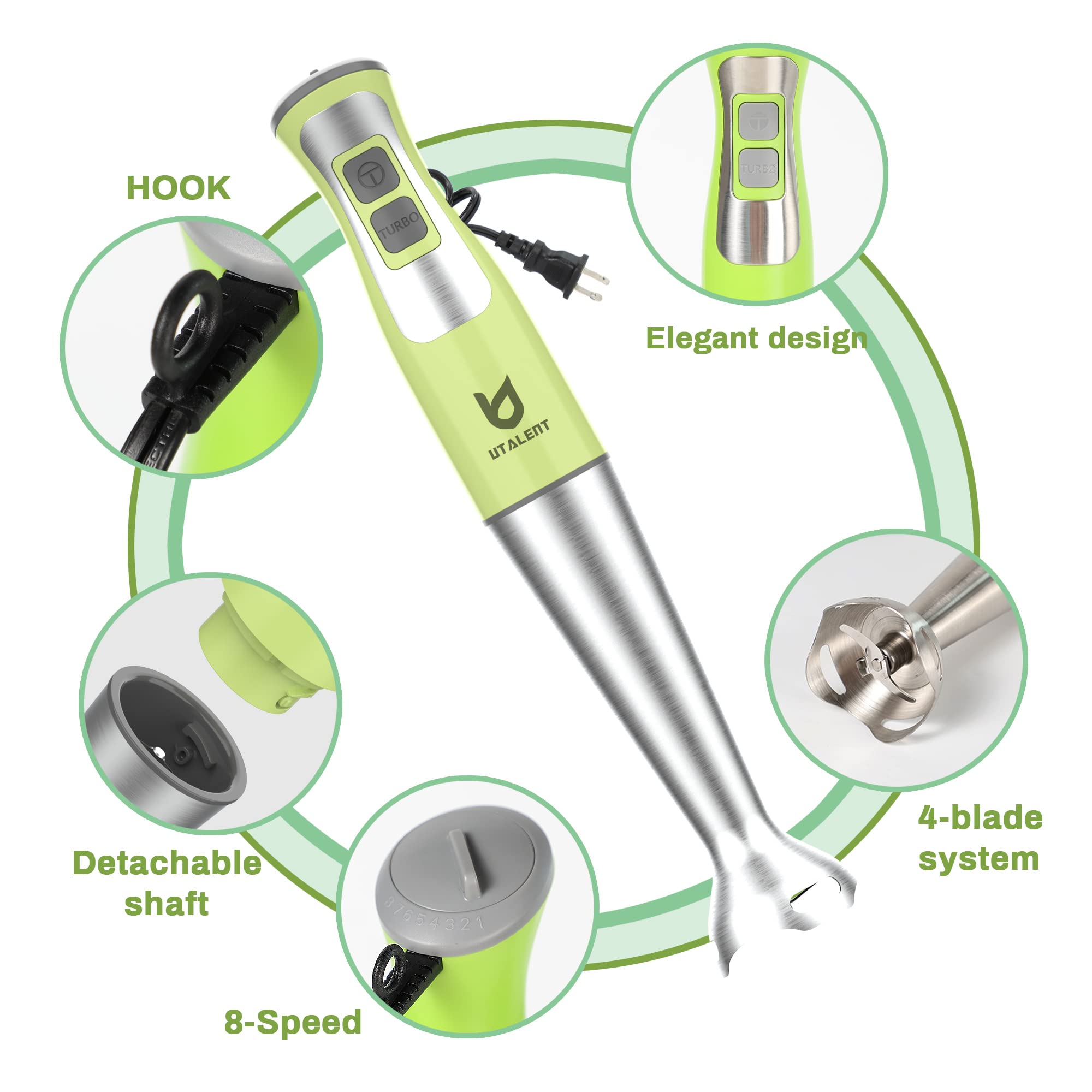 Immersion Hand Blender  UTALENT 3-in-1 8-Speed Stick Blender with Milk Frother  Egg Whisk for Coffee Milk Foam  Puree Baby Food  Smoothies  Sauces and Soups - Green