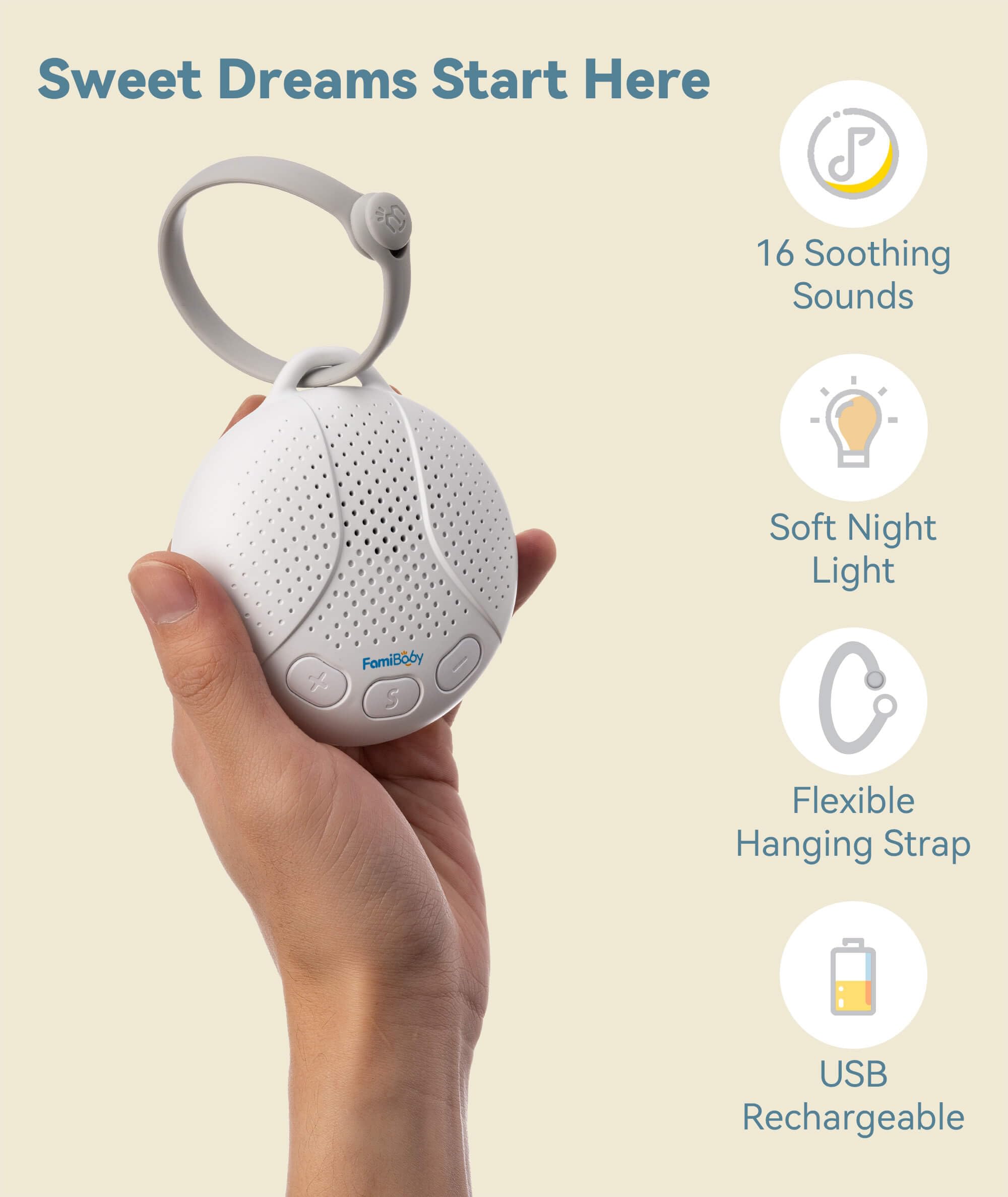 FamiBaby Portable Sound Machine for Baby - White Noise Machine with Night Light for Nursery | 16 Soothing Sounds | Shush | Trave