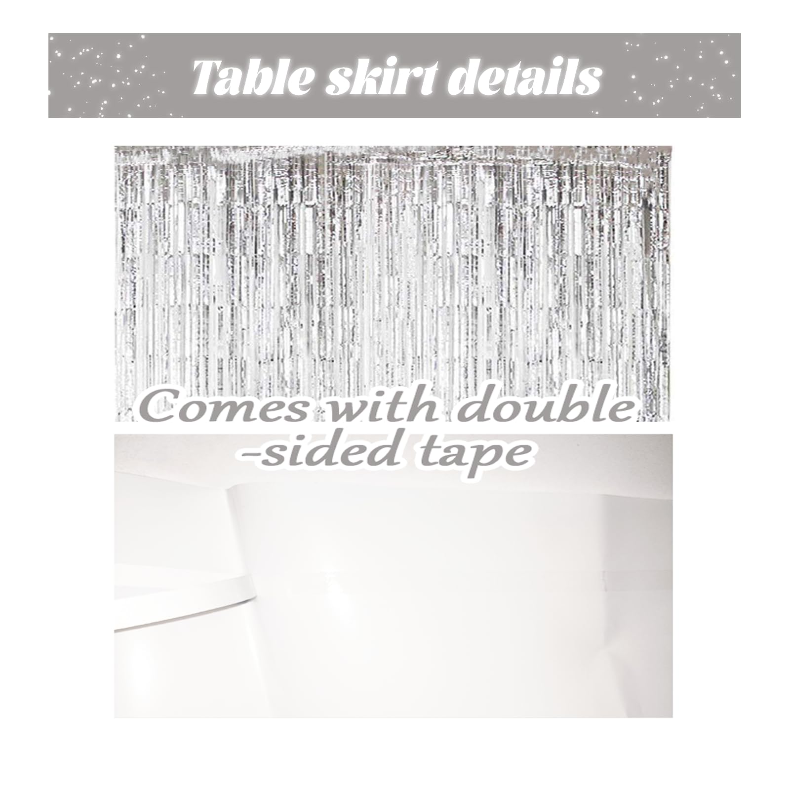 2 Pack 29.5X168 Inch Metallic Foil Fringe Tinsel Table Skirts Disposable Table Skirt For Parade Floats, Mardi Gras Party, Weddin