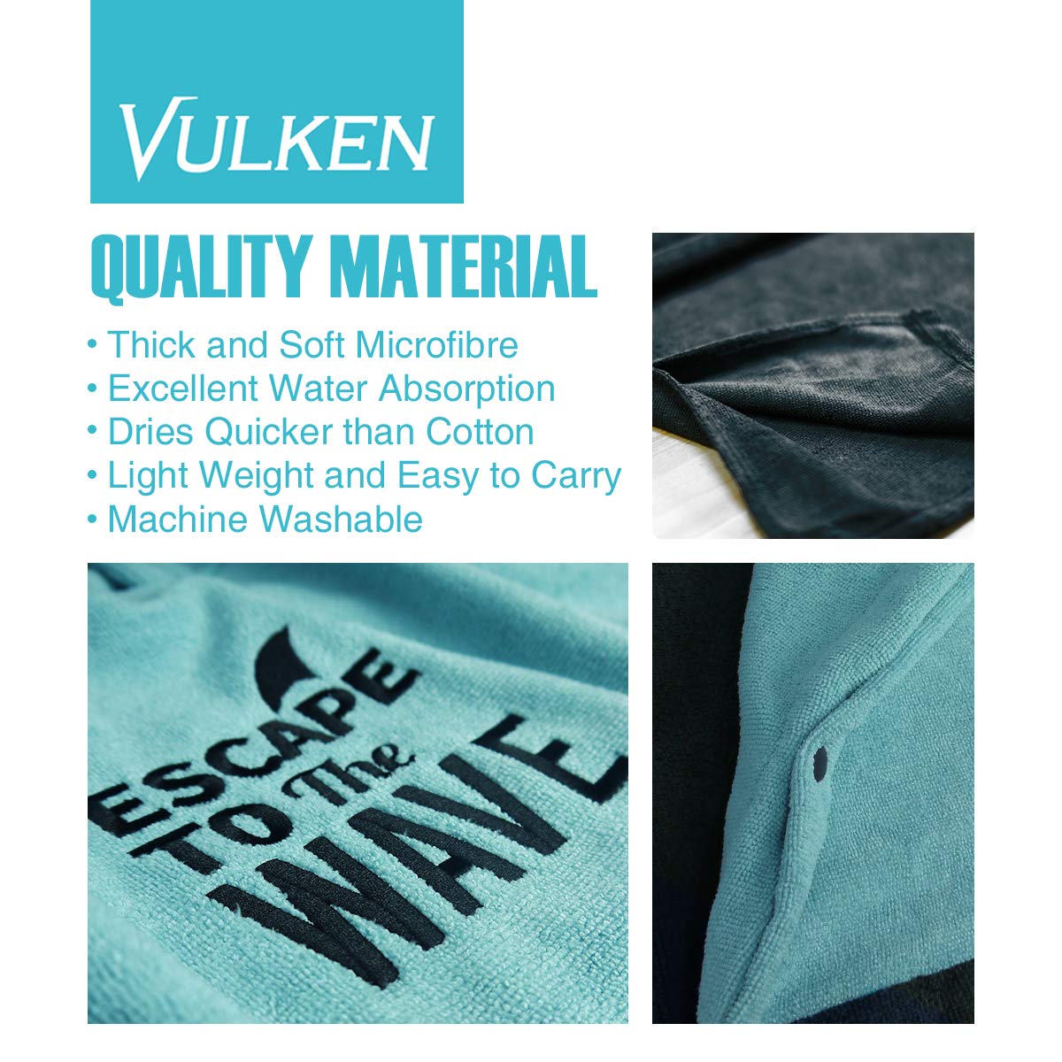 Vulken Extra Large Teal Blue Thick Hooded Beach Towel Changing Robe. Surf Poncho Men For Easy Change In Public. Quick Dry Microf