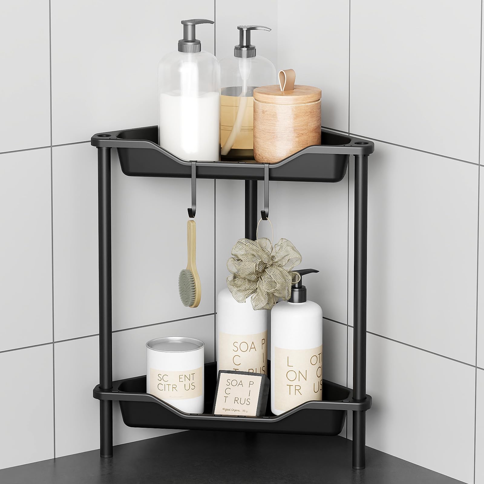 Odesign 2 Tier Floor Standing Corner Shower Caddy Organizer Plastic Metal Splicing Shelf Storage Rack For Bathroom Black - Rustp