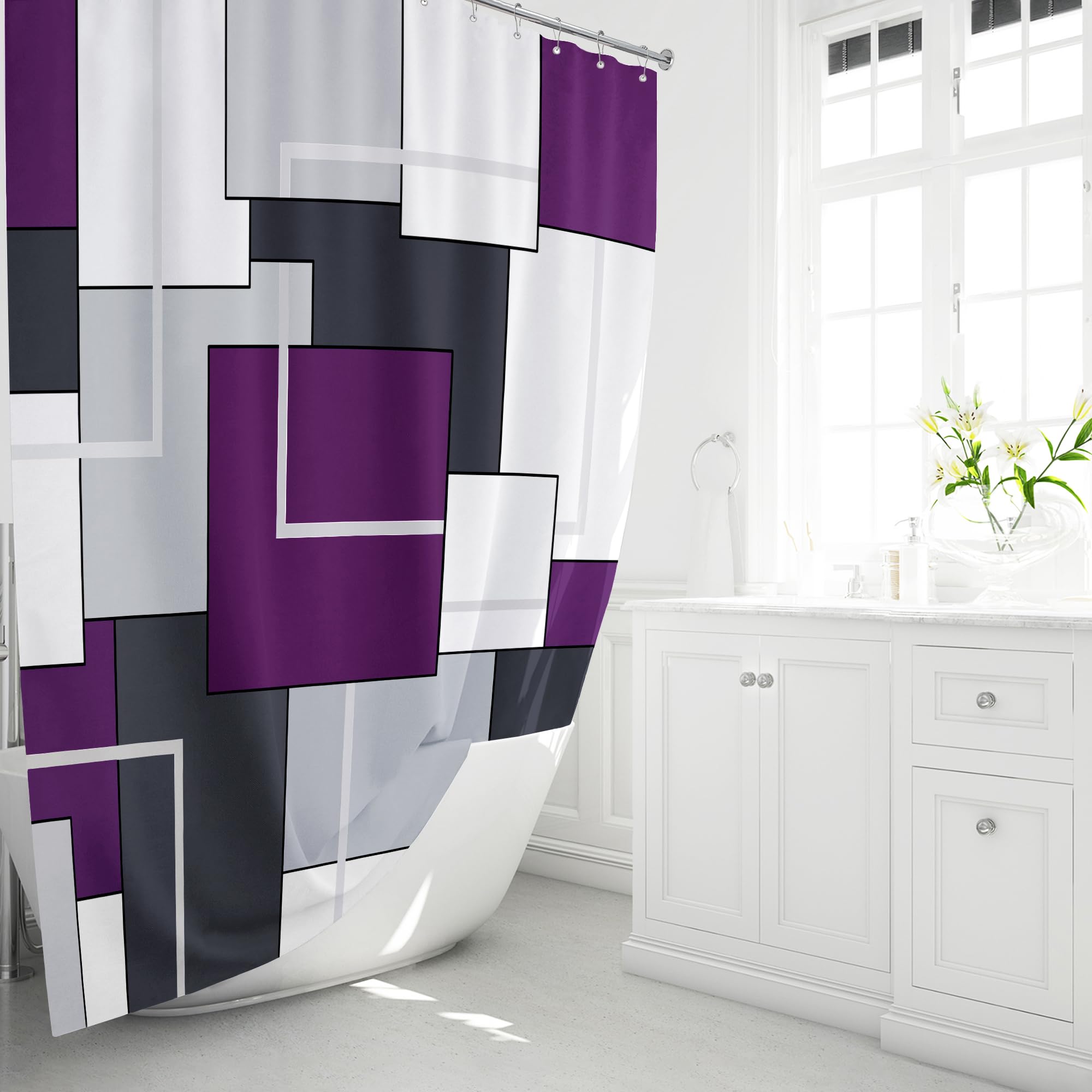 BTTN Purple Fabric Shower Curtain  Modern Geometric Neutral Cloth Shower Curtain Set with Plastic Hooks  Weighted Hem  Water Repellent  Luxury Decorative Polyester Shower Curtains for Bathroom  72x72