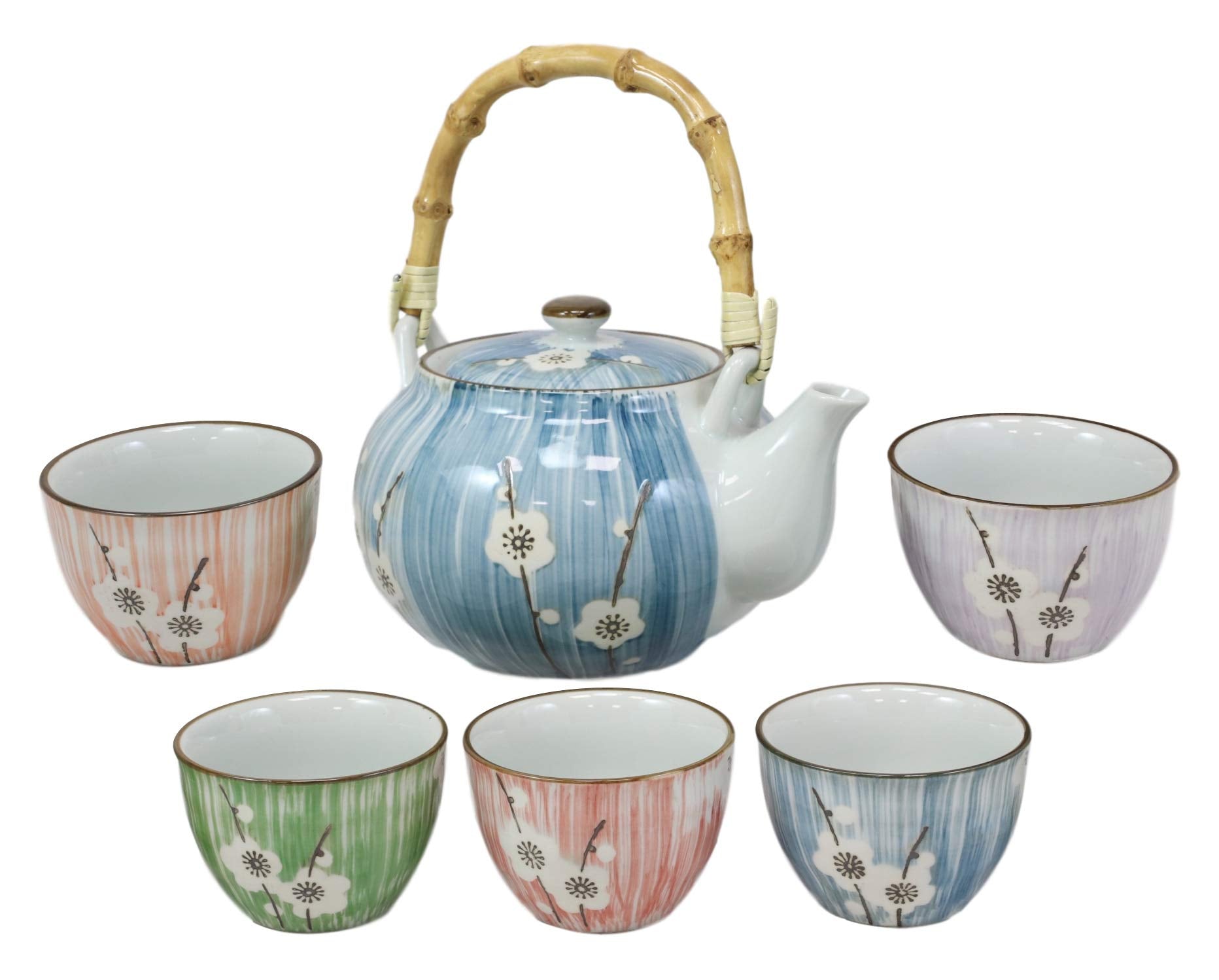 Ebros Gift Japanese Design Four Seasons Collection Spring White Cherry Blossom Ceramic Tea Pot and Cups Set Serves 5 Guests Exce